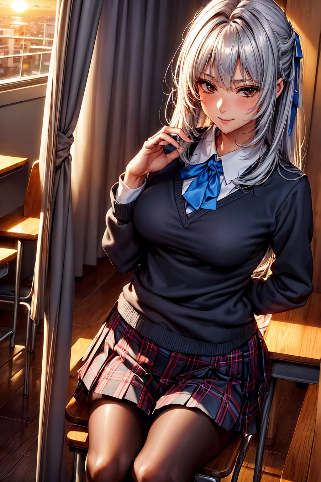 ((( top quality)))、((('s greatest masterpiece)))、Beauty Painting、 8k 、 Ultra High Quality、 perfect anatomy, 1 Female:Age 18、  BEAUTIFUL SLANDER BODY、 beautiful medium breasts、  beautiful faces:smile、 Silver Hair、 best skin and hair texture  、blouse、ribbon、 blazer、 plaid pleated skirt 、tights、 high school uniform 、 high school girl、Standing posture、(A school classroom with a beautiful sunset、chair)、  natural light,  High Res Images、 Overall view of the body 、