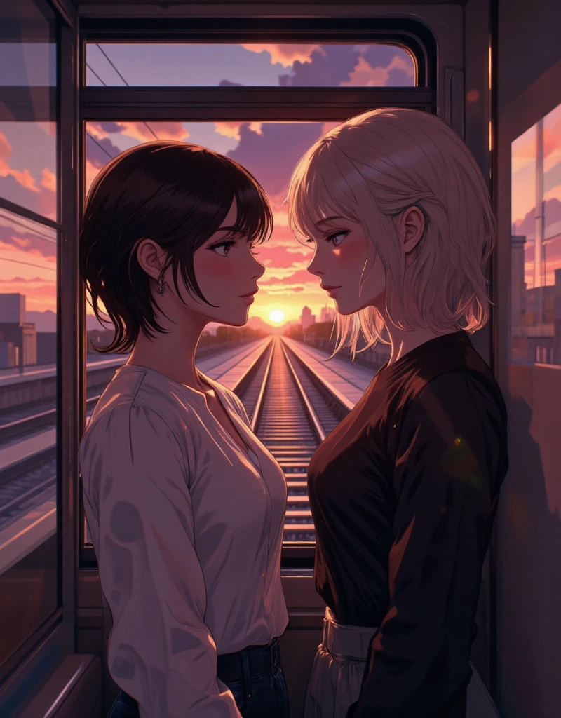 A kiss through the train window, a dazzling sunset, at dusk.

Like a kiss through glass, so close yet so far.

I love you so much it's frustrating. 
soft color, 1980s anime style 