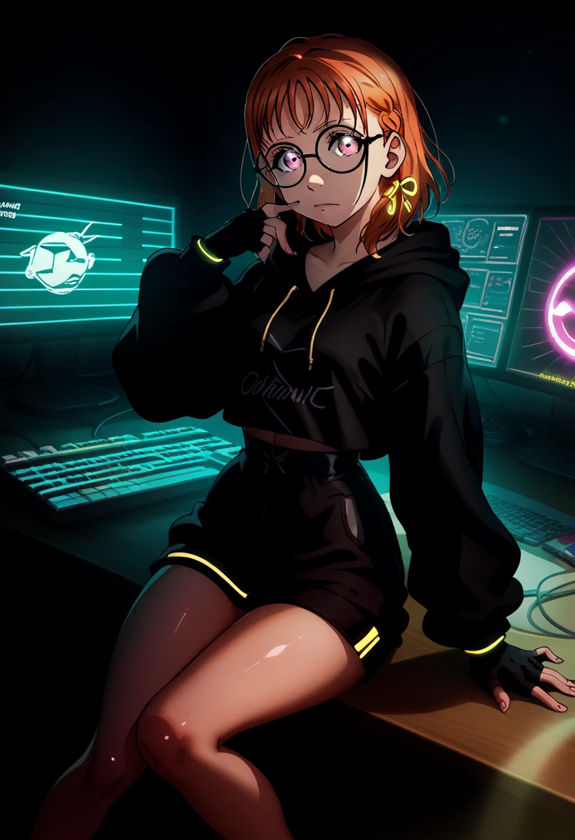 [(Transparent background:1.5)::5],(((masterpiece))),(((best quality))),(((extremely detailed))),illustration, 1 girl, solo, girl sitting in front of computer screen, wearing round glasses, lught yellow oversized hoodie (Honey brown hair),(brown eyes), full body,barefoot,long fluffy hair, gamer room in night. Light from monitor. Blue room. Dark background, multi-color eyes, detailed eyes, hyper detailed,pouting, highly detailed, beautiful, small details, ultra detailed, best quality, intricate, 4k, 8k, trending on artstation, good anatomy, beautiful lighting, award-winning,