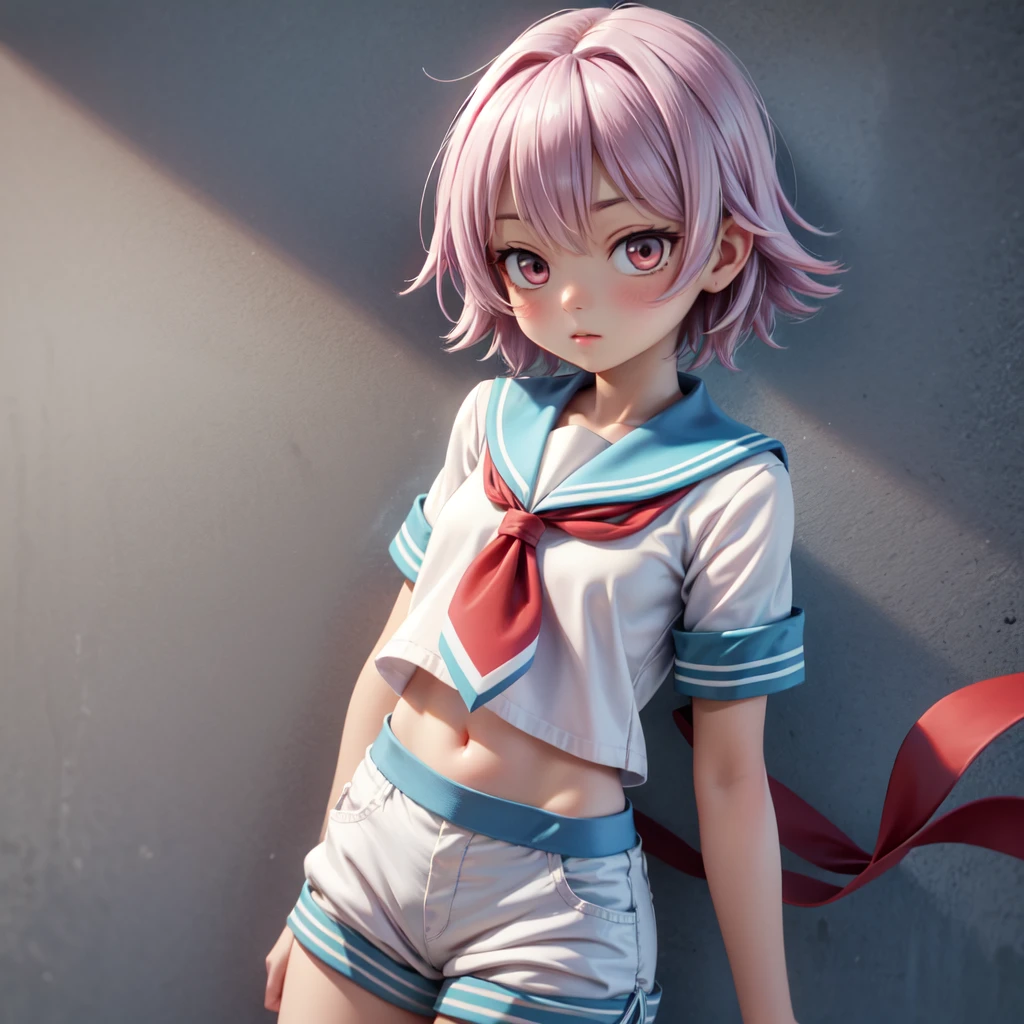 aatama, short hair, blue sailor collar, red neckerchief, white shirt, short sleeves, navel, white shorts