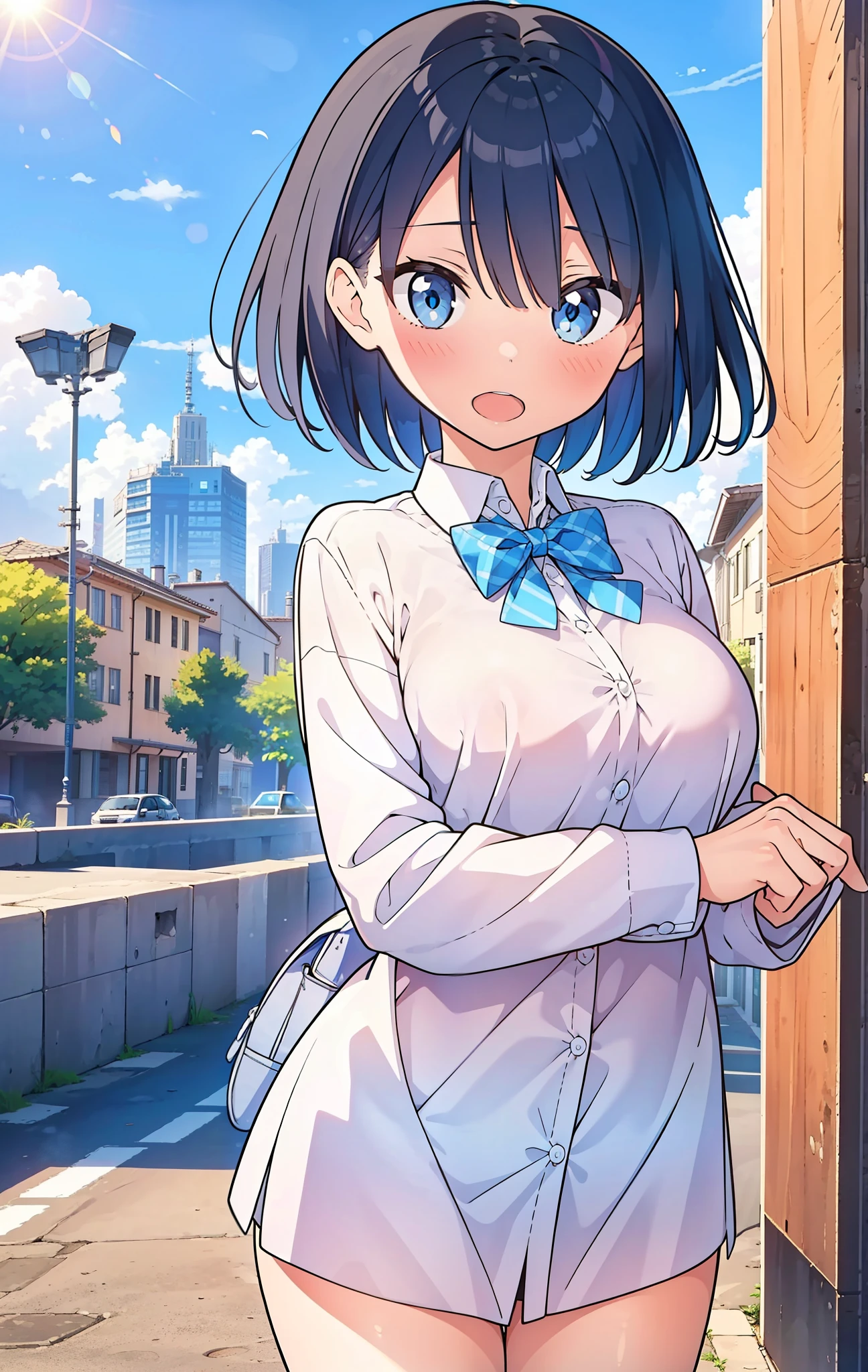masterpiece, best quality, solo, ,
short hair, blue hair, straight hair, blue eyes, white shirt, open mouth, bowtie, large breasts, button gap, blank eyes,
blue sky, wind,