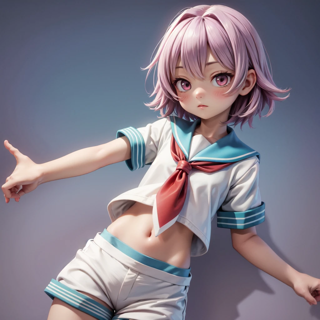 aatama, short hair, blue sailor collar, red neckerchief, white shirt, short sleeves, navel, white shorts