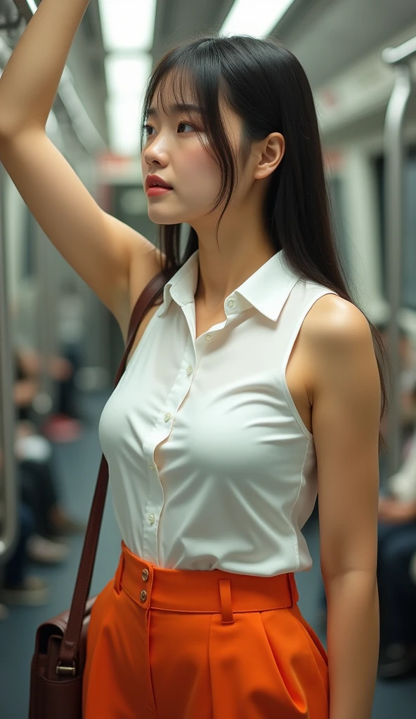 (masterpiece:1.2), highest quality, high resolution, realistic, 1 Japanese girl, Baby Face, Small breasts, slender ,Young appearance, ((Wearing a sleeveless shirt)), (showing her sweaty armpits), upper body, holding on to the railing of the train, presenting armpit, (looking away:1.4), (train interior:1.3), (crowded train:1.3),
upper body, (white shirts:1.5)
