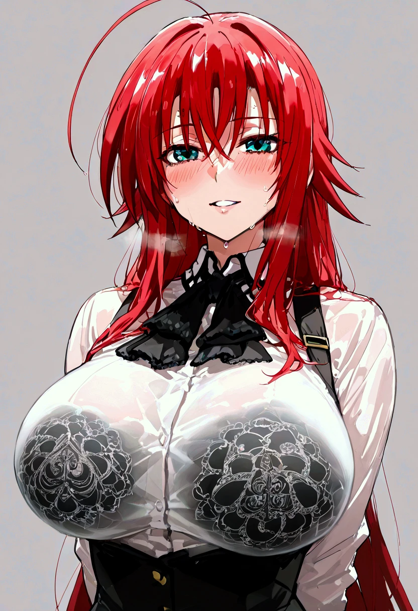 Mamimi style, rias gremory, huge ahoge, long hair, hair between eyes, green eyes, red hair, voluptuous, looking at the viewer, evil smile, grin, frown, blush, sweat, arms behind back, blacked, blacked underwear, BBC, queen of spades tattoo, qos, queen of spades,  bbc tattoos, blacked tattoos, simple background