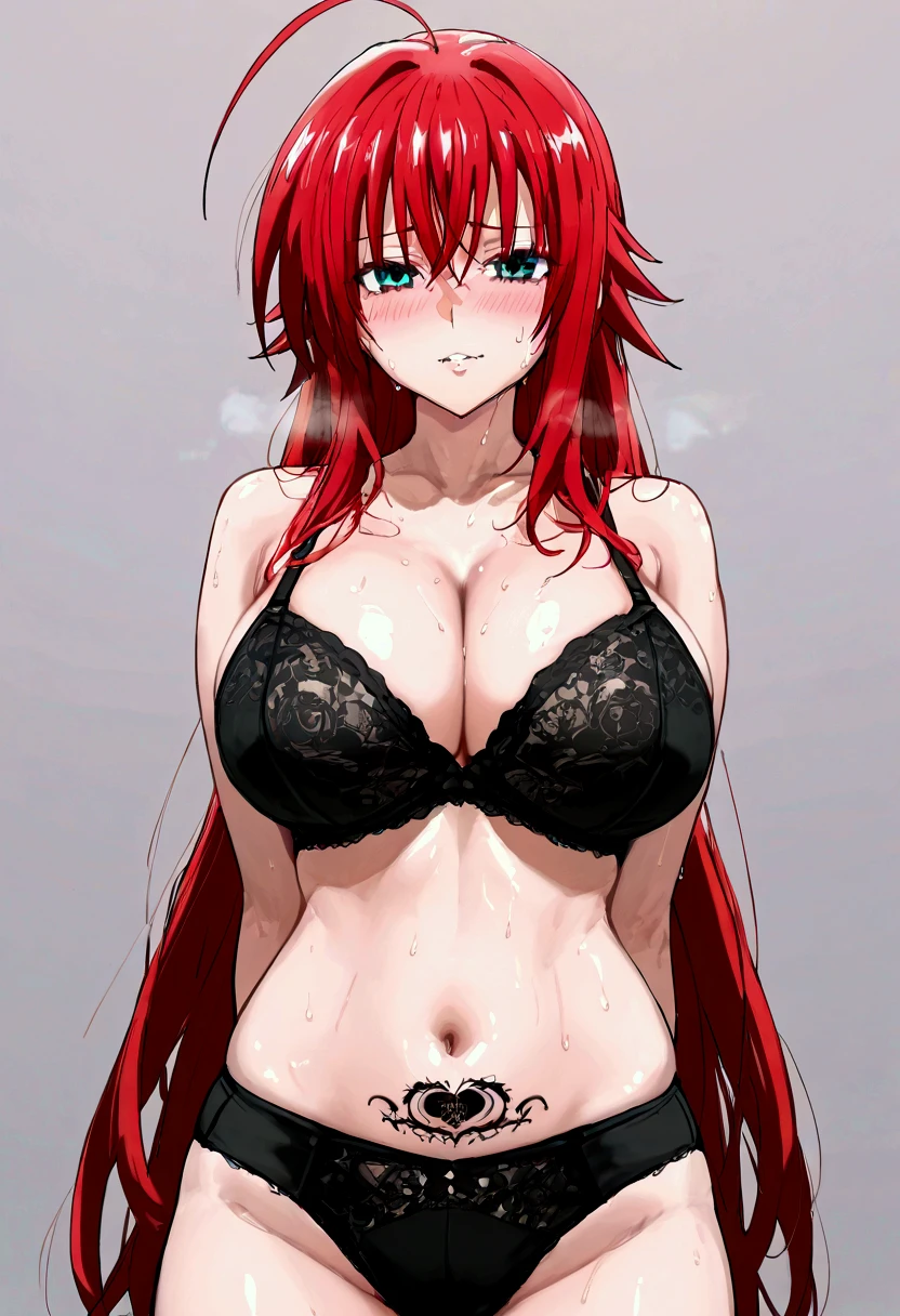 Mamimi style, rias gremory, huge ahoge, long hair, hair between eyes, green eyes, red hair, voluptuous, looking at the viewer, evil smile, grin, frown, blush, sweat, arms behind back, blacked, blacked underwear, BBC, queen of spades tattoo, qos, queen of spades,  bbc tattoos, blacked tattoos, simple background