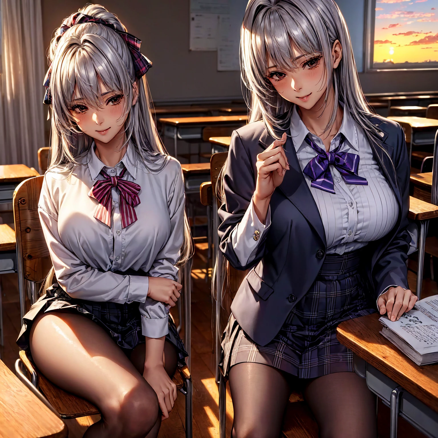 ((( top quality)))、((('s greatest masterpiece)))、Beauty Painting、 8k 、 Ultra High Quality、 perfect anatomy, 1 Female:Age 18、  BEAUTIFUL SLANDER BODY、 beautiful medium breasts、  beautiful faces:smile、 Silver Hair、 best skin and hair texture  、blouse、ribbon、 blazer、 plaid pleated skirt 、tights、 high school uniform 、 high school girl、 I'm sitting on a chair 、(A school classroom with a beautiful sunset)、  natural light,  High Res Images、 Overall view of the body 、