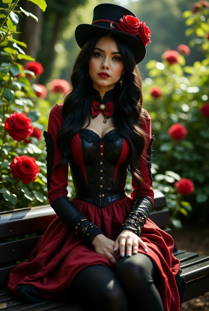 (best quality, 128k,highres,masterpiece:1.2),ultra-detailed,(realistic,photorealistic,photo-realistic:1.37), ((masterpiece)) ((photography)) ((Highest quality)) A young, elegant, and charismatic steampunk woman sits on a bench in a lush garden, dressed in a striking gothic outfit with a red and black dress, lace details, and stylish thigh-high stockings. She has long black hair and an expression that blends curiosity with a touch of melancholy. The background features vibrant roses and dappled sunlight filtering through the foliage, creating an enchanting and slightly mysterious atmosphere. Capture her elegance and the whimsical setting of the steampunk garden