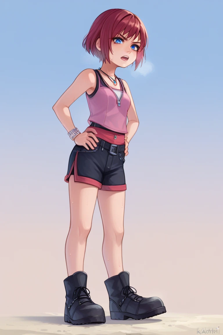 score_9, score_8_up, source_anime, highly detailed, 1girl, solo,
kairi, 1girl, solo, blue eyes, jewelry, boots, necklace, short hair, red hair, pink tanktop, black short shorts, half body,
outdoor, hands on hips, out of breath, sweaty, frustrated expression,  open mouth