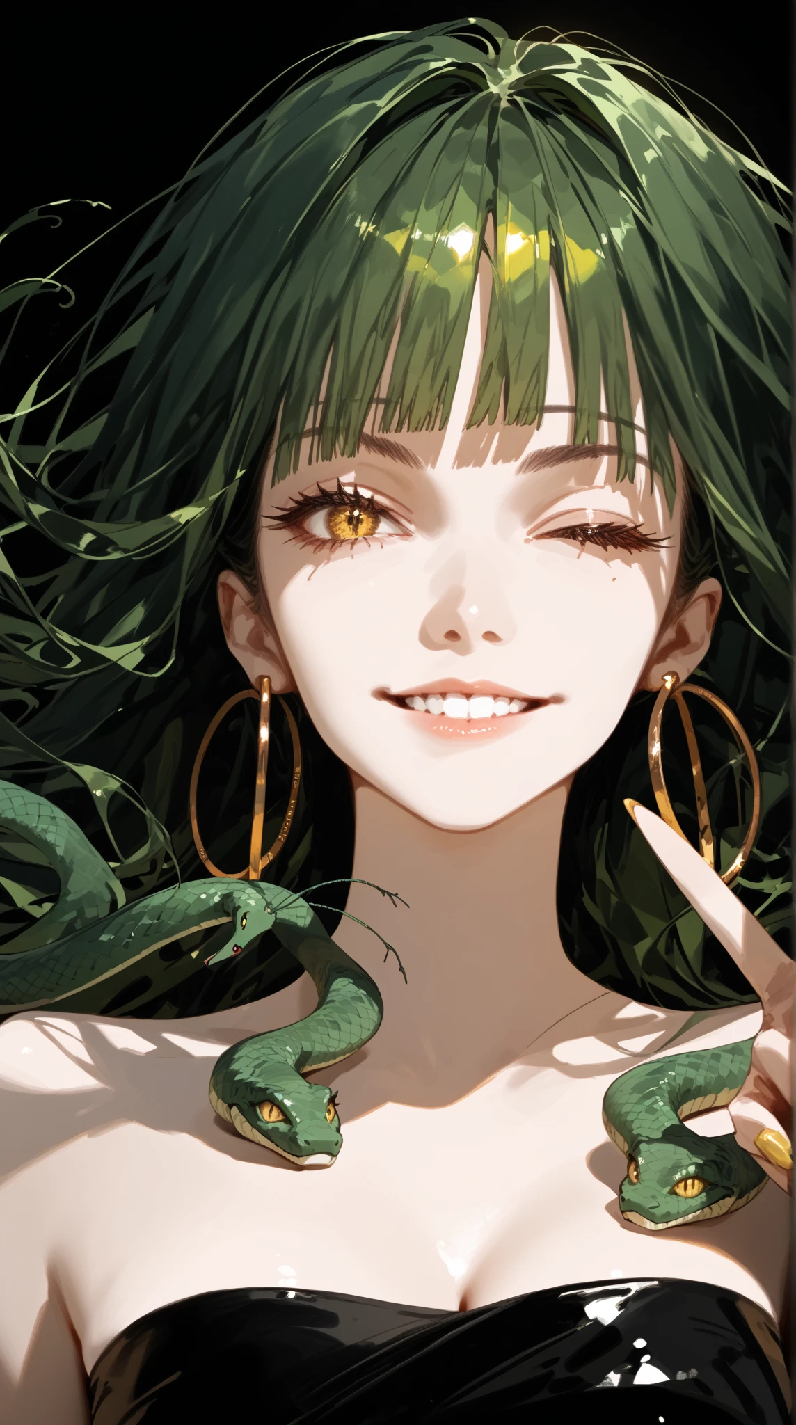 score_9, score_8_up, score_7_up, score_6_up, score_5_up, score_4_up,
BREAK
1girl, green scales, yellow eyes, wink, snake hair, green hair, light smile, slit pupils, long hair, straight hair, gold hoop earrings,
BREAK
solo, portrait, large breasts, peace sign, black tube top, strapless, gold trim,
BREAK
black background, simple background, realistic, 