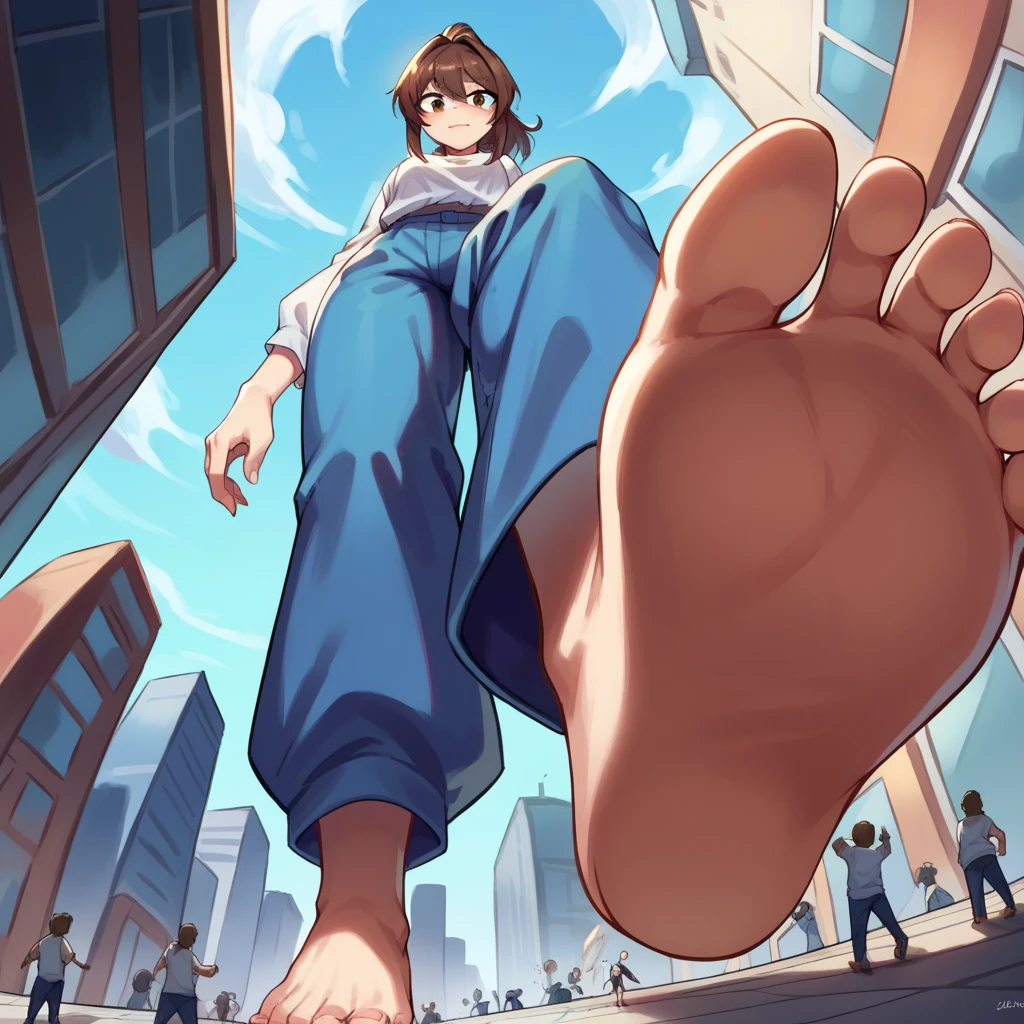 score_9, score_8_above, score_7_above, source_anime, BREAK POV  :  under Giantess ,white cat fur,white shirt, blue pants,  brown hair , ponytail,from below,Step on ,Solas,barefoot, city,panic crowd 