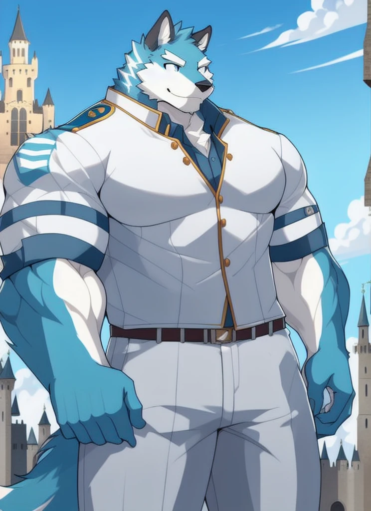 Argo kc , Alone, Male, ( Soft shading), 4K, Nothing, Face, ( Full body :1.3), Looking at the spectator , smile, Shirt, Upper body, collared Shirt, Hose, carrier, Blume, detailed Face, detailed eyes, Argo KC (Massiv:3.0,big muscle:1.1( heavyweight,stark,Macro, Emphasize, stands next to a castle )),