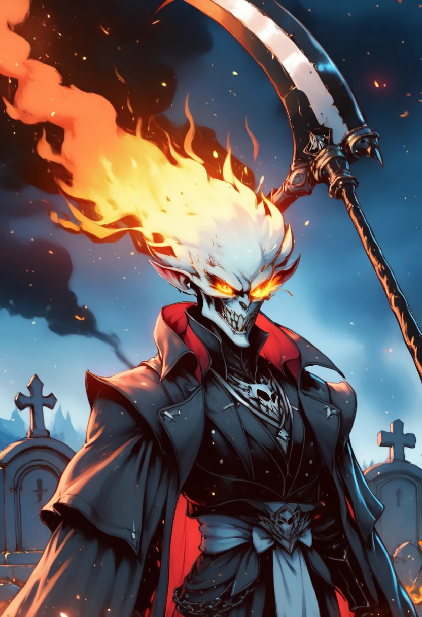 Best quality, masterpiece, ultra high res,detailed background,realistic,hadesstyle,solo,male,mature,bara,muscular,mature male,short hair,facial hair,wizard,necromancer,skull,green fire,horror \(theme\),dark fantasy,evil,cape,depth of field