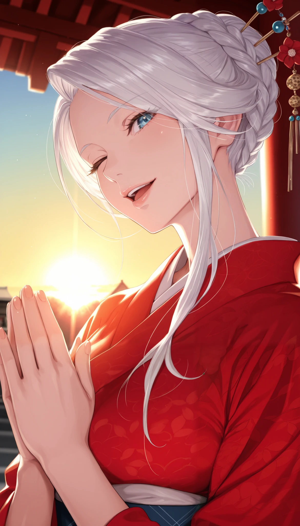 masterpiece, best quality, solo,1girl, cute, solo, white hair, long hair, braided bun, hair stick with red flower, blue eyes, looking at viewer, one eye closed, big smile, open mouth, medium breasts, traditional red kimono, dutch angle, upper body, twisty pose, head tilt, own hands together, hands to the side, depth of field, shrine, sunrise, back lighting, dappled sunlight, fine fabric emphasis, rim light, face focus, BREAK, extremely detailed clothes, eyes, hands, fingers, lips, detailed eyes, shiny skin, detailed skin, detailed hair, high contrast