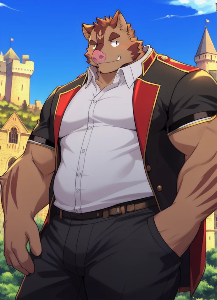 Herman kc  , Alone, Male, ( Soft shading), 4K, Nothing, Face, ( Full body :1.3), Looking at the spectator , smile, Shirt, Upper body, collared Shirt, Hose, carrier, Blume, detailed Face, detailed eyes, colmillos , Hermann KC  (Massiv:3.0,big muscle:1.1(  heavyweight,stark,Macro, Emphasize,  stands next to a castle )),