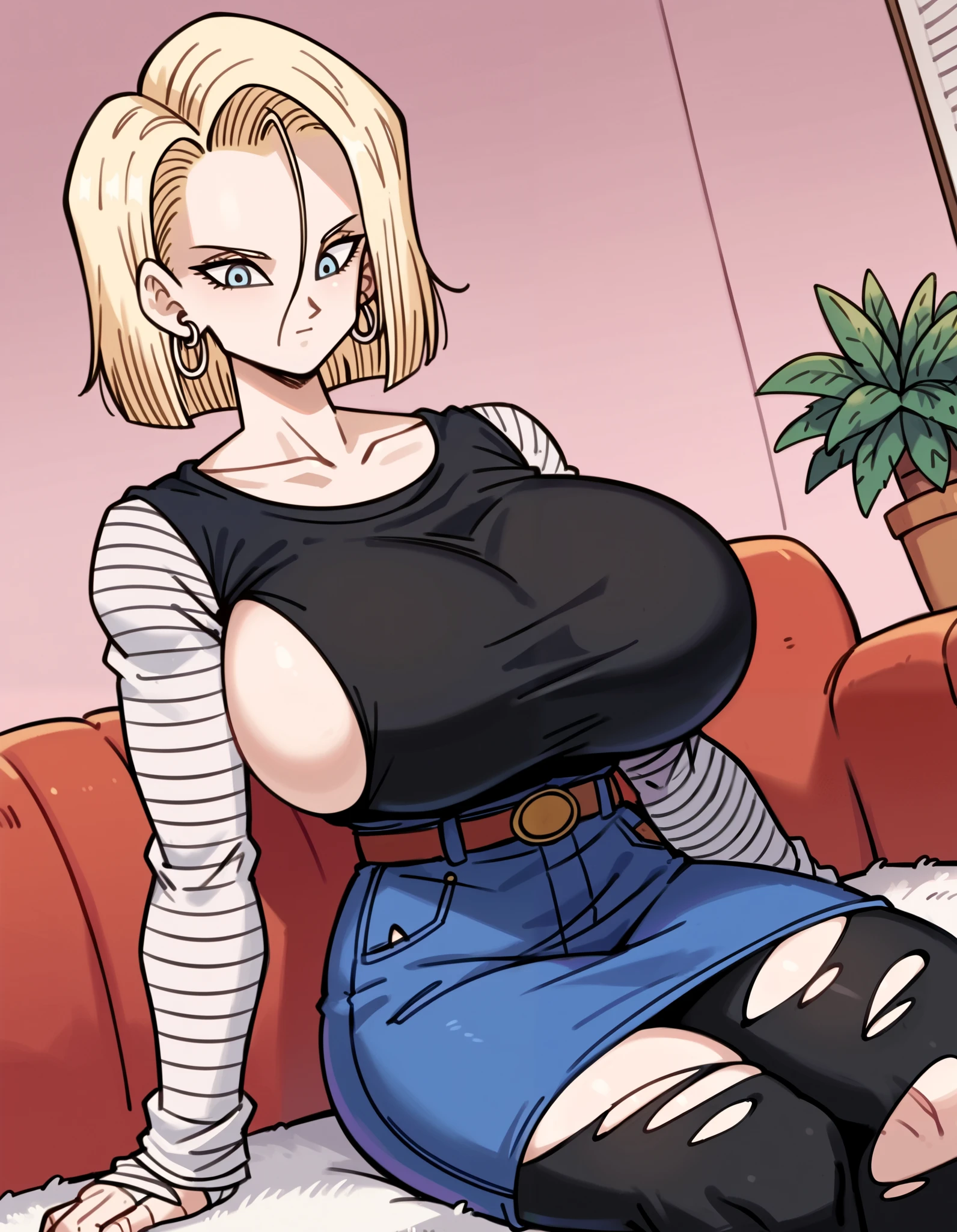 score_9, score_8_up, score_7_up, source_anime, android 18, blonde hair, blue eyes, eyelashes, hoop earrings, short hair, earrings, ((torn clothes:1.35)), belt, black legwear, black shirt, collarbone, denim, denim skirt, high-waist skirt, jewelry, long sleeves, black & white stripe shirt, shirt tucked in, skirt, striped, striped sleeves, cowboy shot, dutch angle, (((ultra huge cleavages, ultra huge breasts, ultra huge boob, ultra huge tits))), kame house, indoors, pink room, red floor couch, wooden floor, white carpet, counter, black table, potted plant, sitting on couch, 