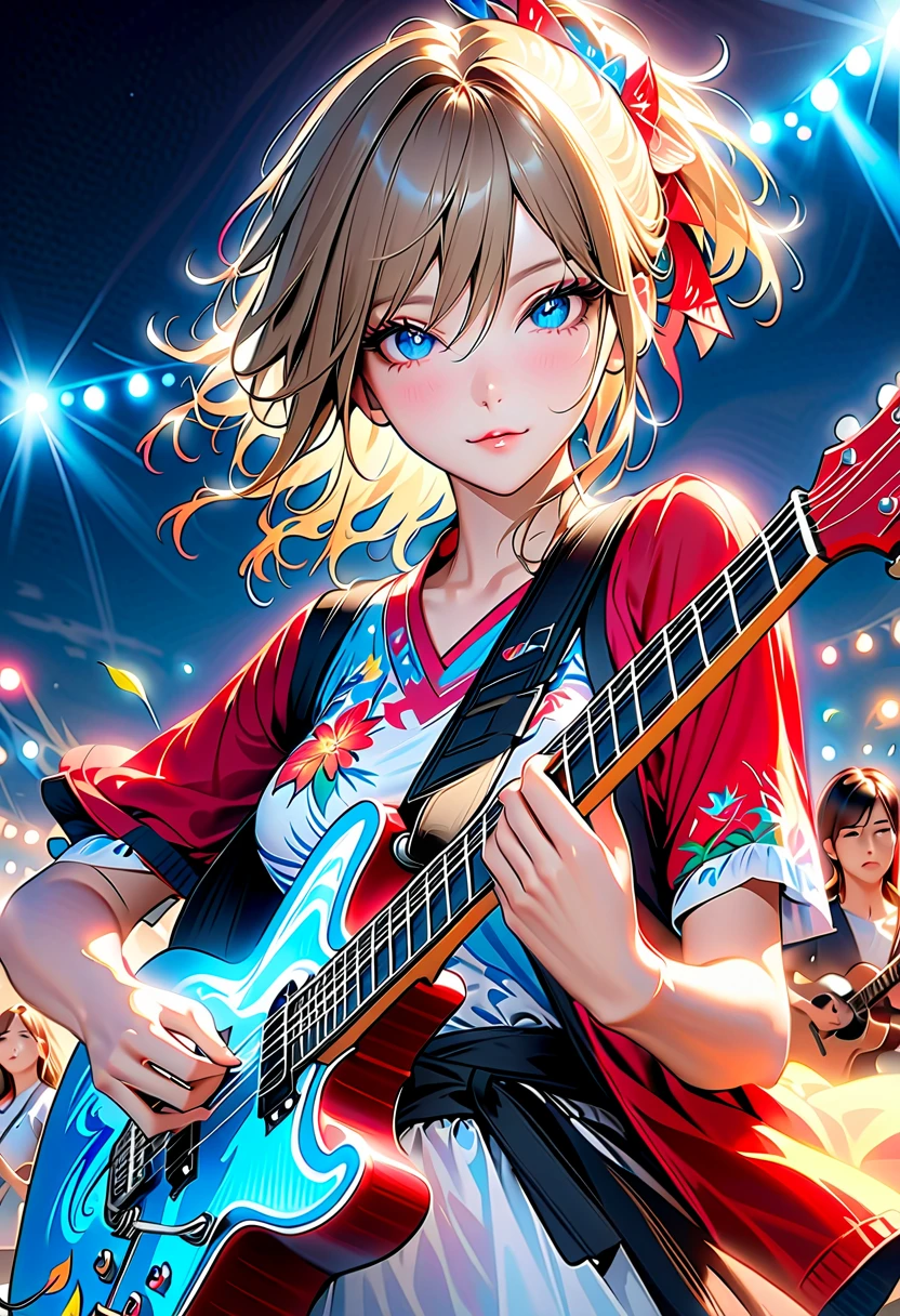 (masterpiece:1.3), (8K, Realistic, RAW Photos, Best image quality: 1.4), Realistic, CG illustration, Like raw photo, guitarist, Girl in a girl band, Big Breasts, A high-end electric guitar like the product image, Detailed and precise hand, Charm, anatomically correct whole body, Worldwide rock festival, cool & beauty, ((Playing the guitar in the midsummer sunshine)), Accurate and fast action, Full of energy, Shake your head back and forth, Adult charm, loooking at viewer, Engage your audience, Live a colorful life, Guitar performance captivates the audience, Accurate and fast finger movements, BREAK (An outdoor stage at night where the subject stands out), Dramatic studio lighting that draws your subject in, Dynamic shot from below, Dynamic composition, Sharp focus, Sharpness, Detailed and clear depiction, Detailed and intricate brushwork, Very clear, Absurd aesthetics, Surrealism, Luxury Art, (Very clearな full color), Realistic photos, Raw photo, Absurd aesthetics,