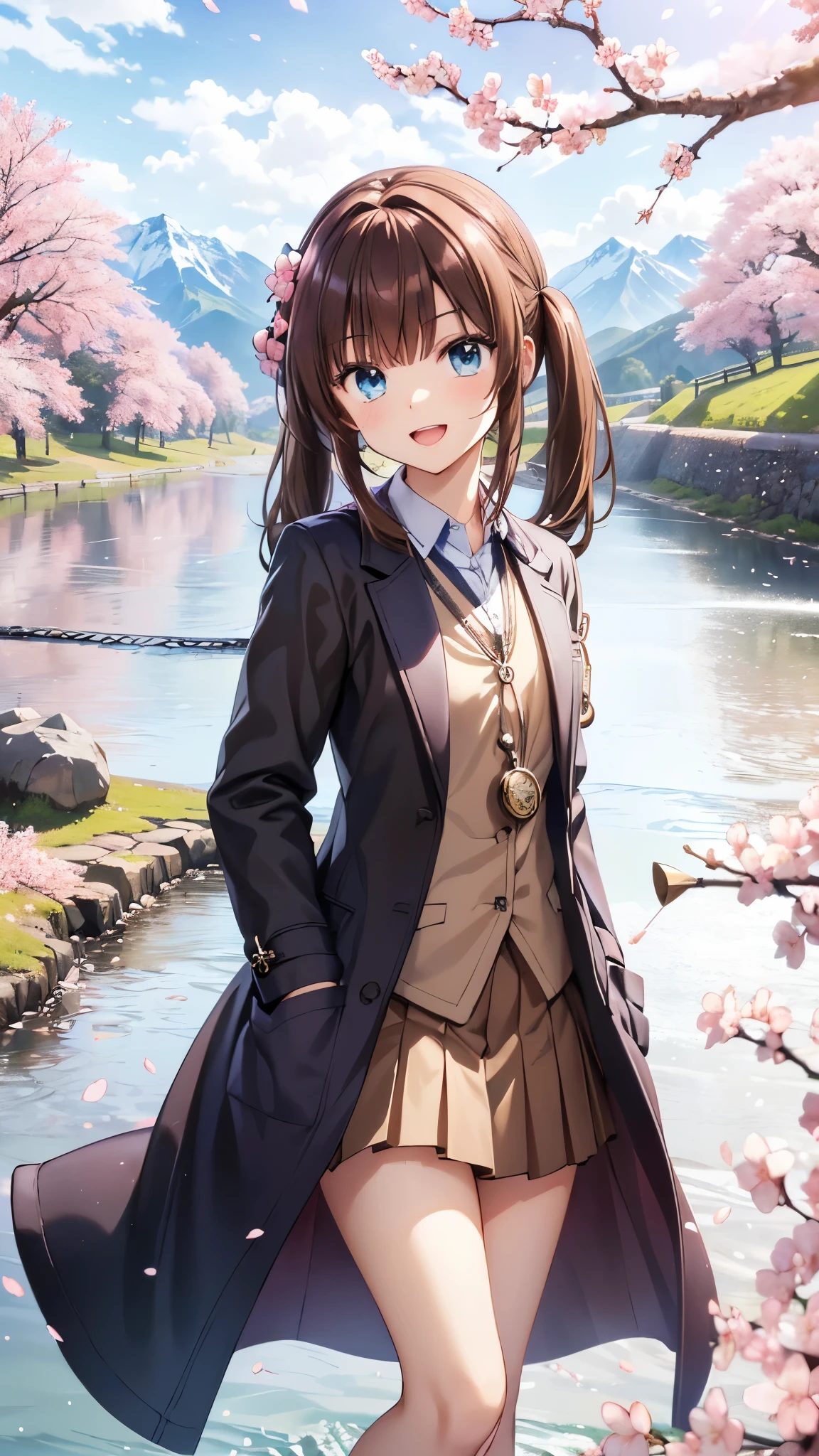 very beautiful teenage girl,(16k, super high resolution , top quality,masterpiece, super detailed, Highly Detailed Facial Features,  perfect face,  Perfect Eyes , anatomically correct body), Straight hair& high twintails,blue eyes, hair between eyes, ((light brown hair:1.3)), school uniform, white shirt,break,brown pleated skirt,break, purple tie,black coat, Tree Eyes,((:d:1.3)),((cherryblossom tree:1.3)),((mountain & small river at the back of the screen:1.3)),front shot, looking at camera,standing on stone bridge,looking up, lots of small birds flying in the sky,((Pocket watch:1.3))