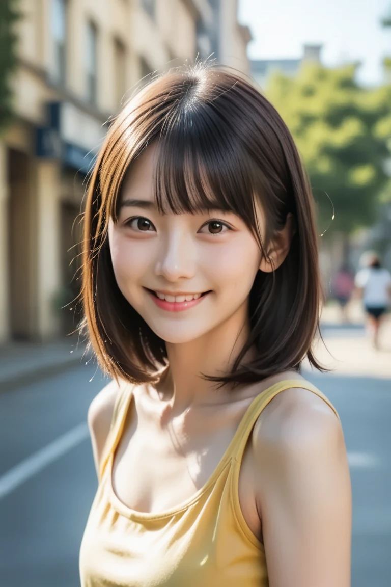 masterpiece, best quality, good quality, very aesthetic,score_9,score_8_ ,score_7_ ,, HDR, depth of field 現実的 ,( photo realistic  :1.5),cute girl, , sunlight, face, summer-yellow-croptop, medium hair, cute smile,