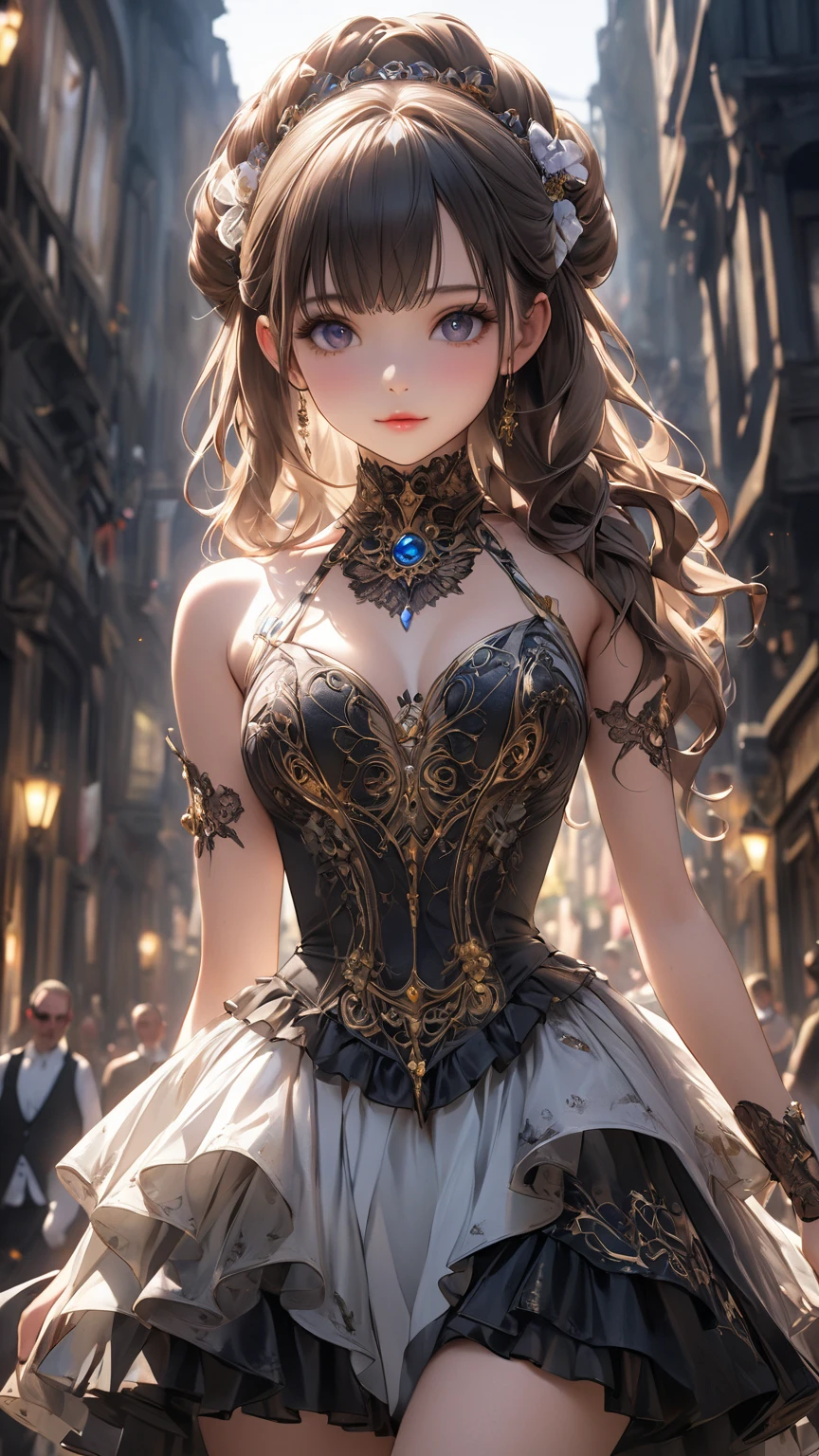 (((masterpiece, of the highest quality, super detailed))), (a female knight of an occult order), ((minimal but intricate beautiful armour)), ((dark hair)), ((ponytail, thick ponytail, heavy ponytail)), (((( Highly detailed face))), (((Very sharp focused eyes))), very long eyelashes, small breasts, (((flat chest:1.1))), (resolved expression), (resolute expression), occult aesthetic, Fluttering lace flared dress with frilly petticoats, (red and white clothing detailed and intricate steampunk and detailed gothic), (with a hood), (thigh high flared socks), complex lace boots