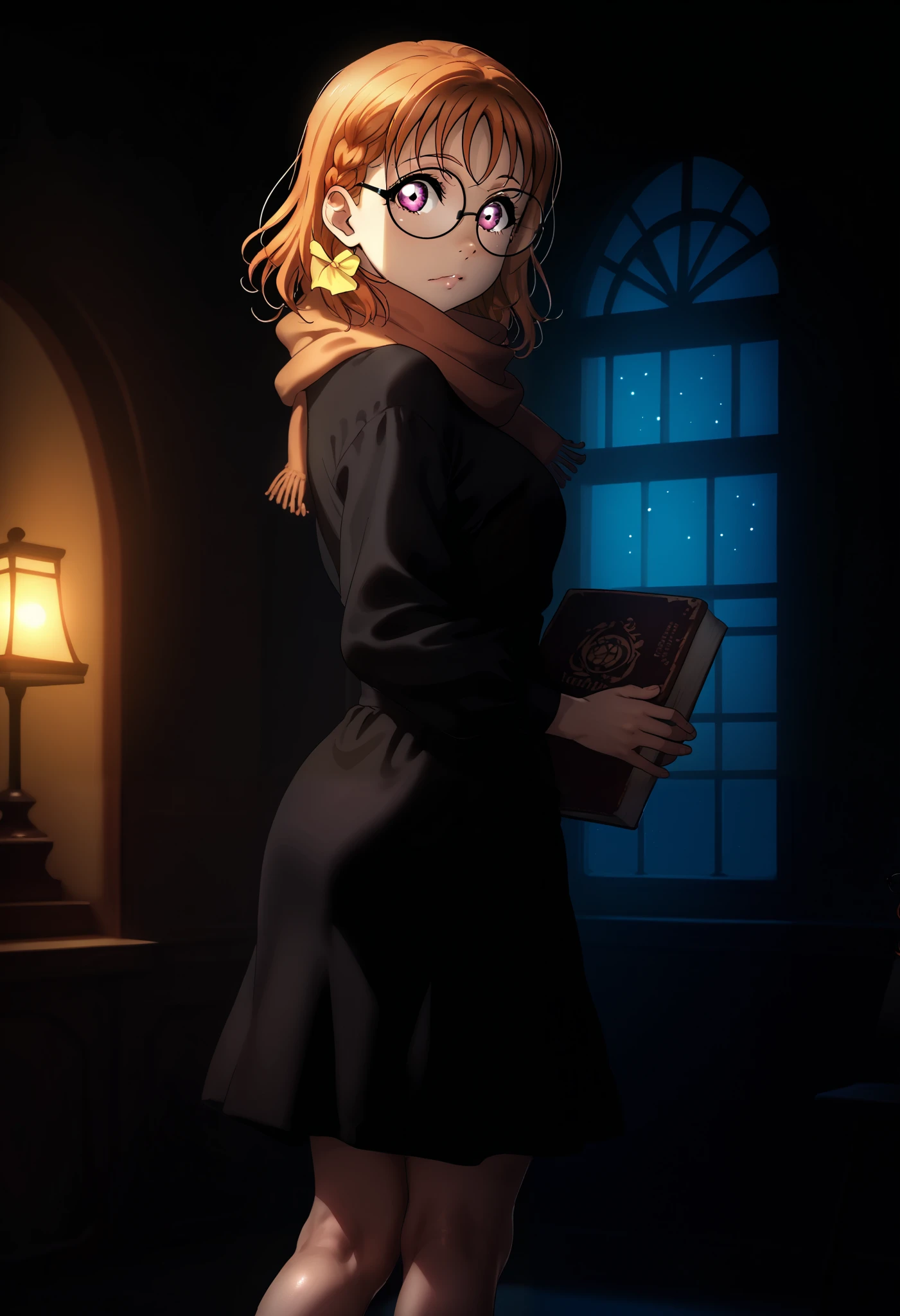 love live art style, takami chika, orange hair, medium hair, pink eyes, side braid, circle glasses, modest long-sleeve blouse, knee-length skirt, scarf, in cozy library corner, night, looking at viewer, shiny skin, thin waist, subtle curves, solo, dramatic chiaroscuro lighting, dark,  matte skin, holding a book, calm and composed expression,back light