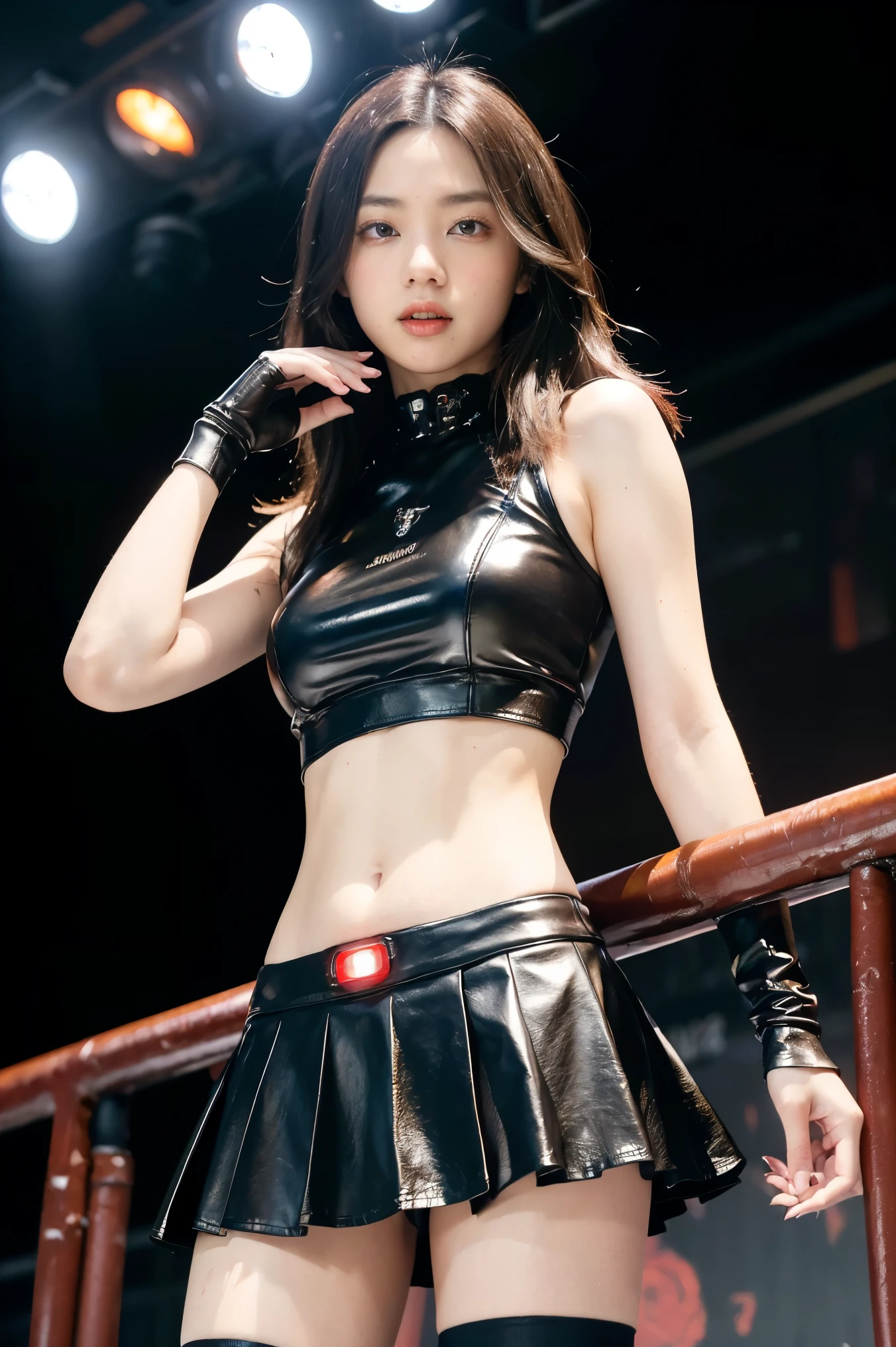 (finely detailed beautiful Red Eyes and detailed face,masterpiece sidelighting,masterpiece,best quality,detailed,High resolution illustrations),(urban tech wear, Cybernetic background, sunshine city),(1 Girl,whole body,beautiful girl,Glowing skin,look down,Looking at the audience),(Black Hair,Red Eyes,tights,tight leather skirt,Showing belly,No underwear)