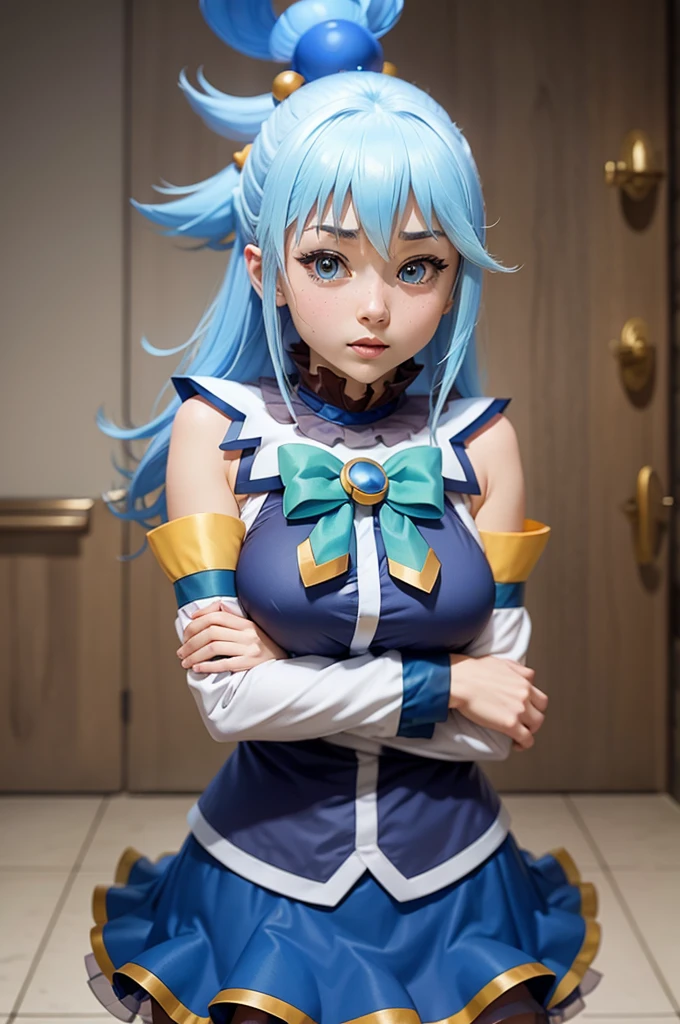 full body, 1 female, tarot cards (Prominence in Masterpiece, Best Quality: 1.2), solo, 1 girl,aqua, serious, mouth closed, looking at viewer, hand on face, sitting, legs crossed, big thighs, big breasts,blue hair) The clothes ar, bandagens, Leather