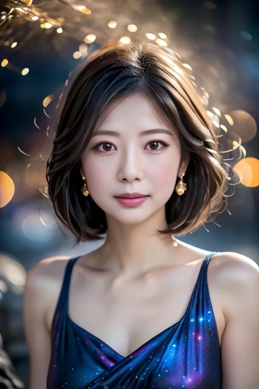 1 girl, Starry Sky,night, shooting star,Upper Body,close,smile,, (8k, RAW Photos, Highest quality, masterpiece:1.2),(Realistic, photo-Realistic:1.37),