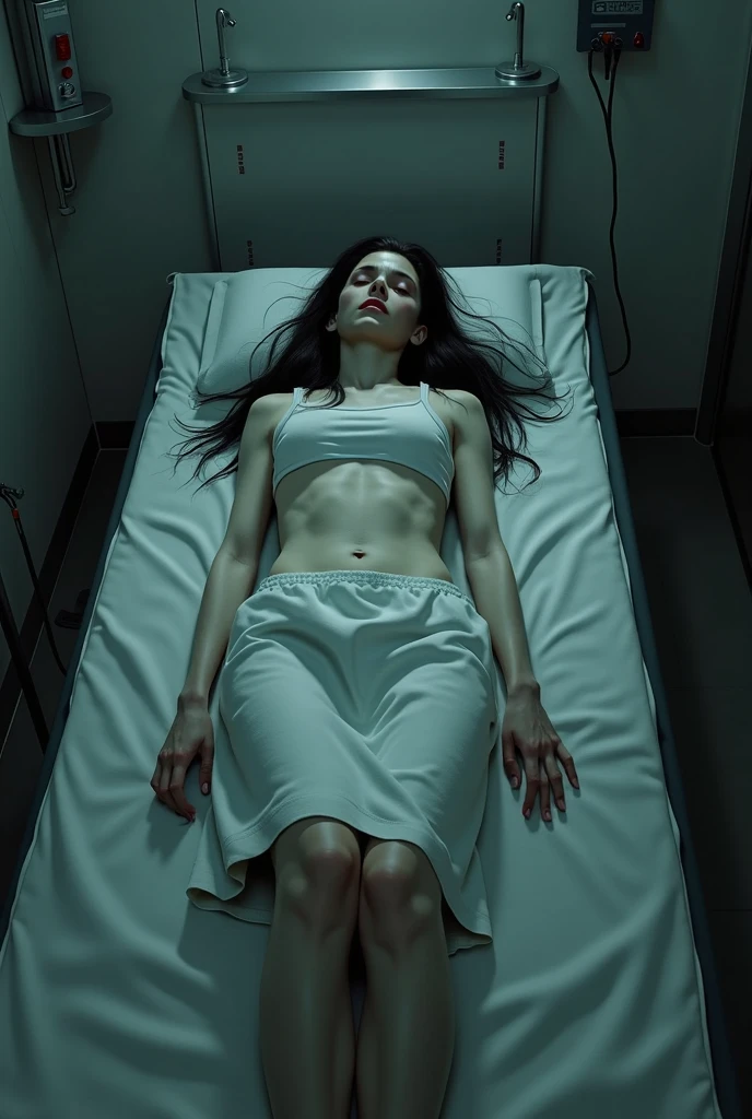 ((melhor qualidade)) ((hiper realista)) ((hiper detalhado)) a Very pale corpse of a beautiful and hot light black Woman, with beautiful body and legs, beautiful mouth, big boobs, 1,78m height, 83kg, long curly hair,Sexy clothes, white t-shirt and shorts, dead in The mortuary table, she have small wholes in your body by The headshot, blood dripping of The mouth and body. Closed eyes