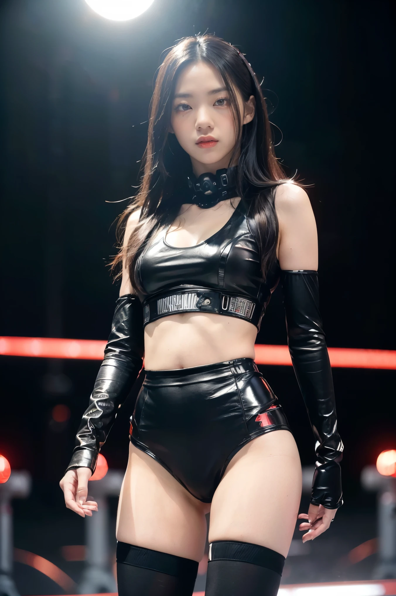 (finely detailed beautiful Red Eyes and detailed face,masterpiece sidelighting,masterpiece,best quality,detailed,High resolution illustrations),(urban tech wear, Cybernetic background, sunshine city),(1 Girl,whole body,beautiful girl,Glowing skin,look down,Looking at the audience),(Black Hair,Red Eyes,tights,tight leather skirt,Showing belly,No underwear)