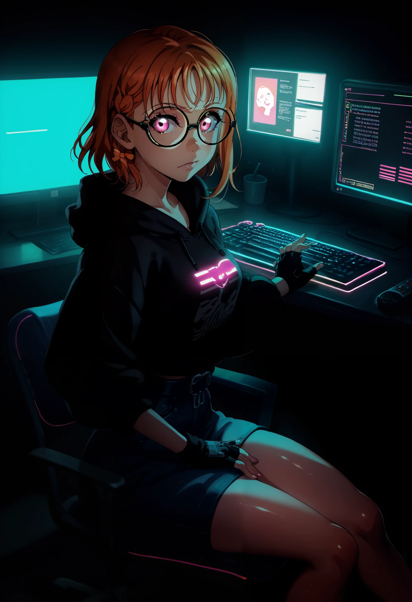 love live art style, takami chika, orange hair, medium hair, pink eyes, side braid, circle glasses, black hoodie with neon accents, fingerless gloves, sitting on chair, desk with computer, night, glowing computer screens with green code, looking at viewer, shiny skin, thin waist, dark tech room, solo, dramatic chiaroscuro lighting, neon cyberpunk vibes, messy desk with keyboards, cables, focused and confident expression