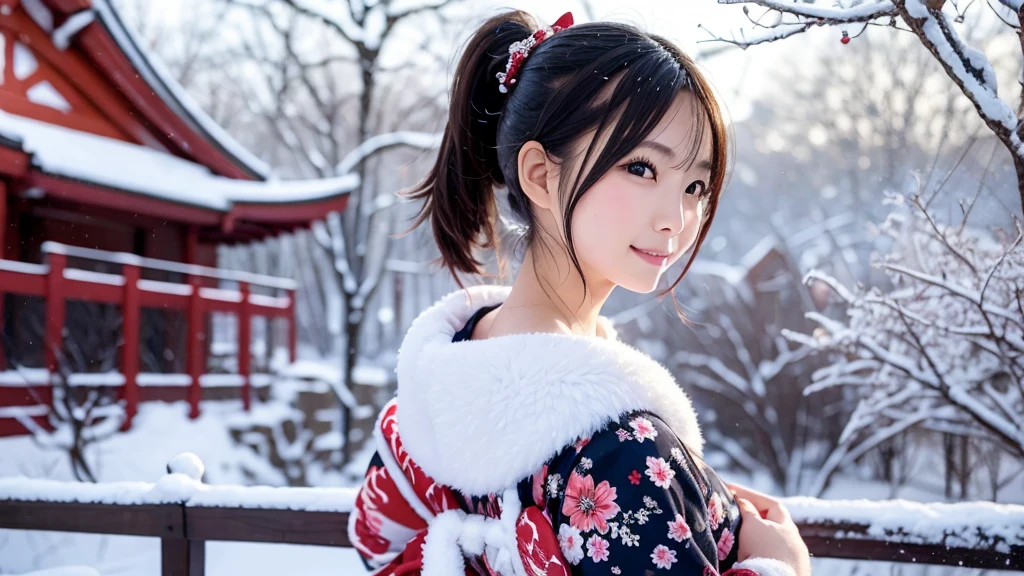  Japanese woman with black hair ponytail wearing a Japanese red and white shrine maiden costume with Mount Fuji in Japan in the background、Happy New Year 2025 transparent banner 、 Details、Asahi、