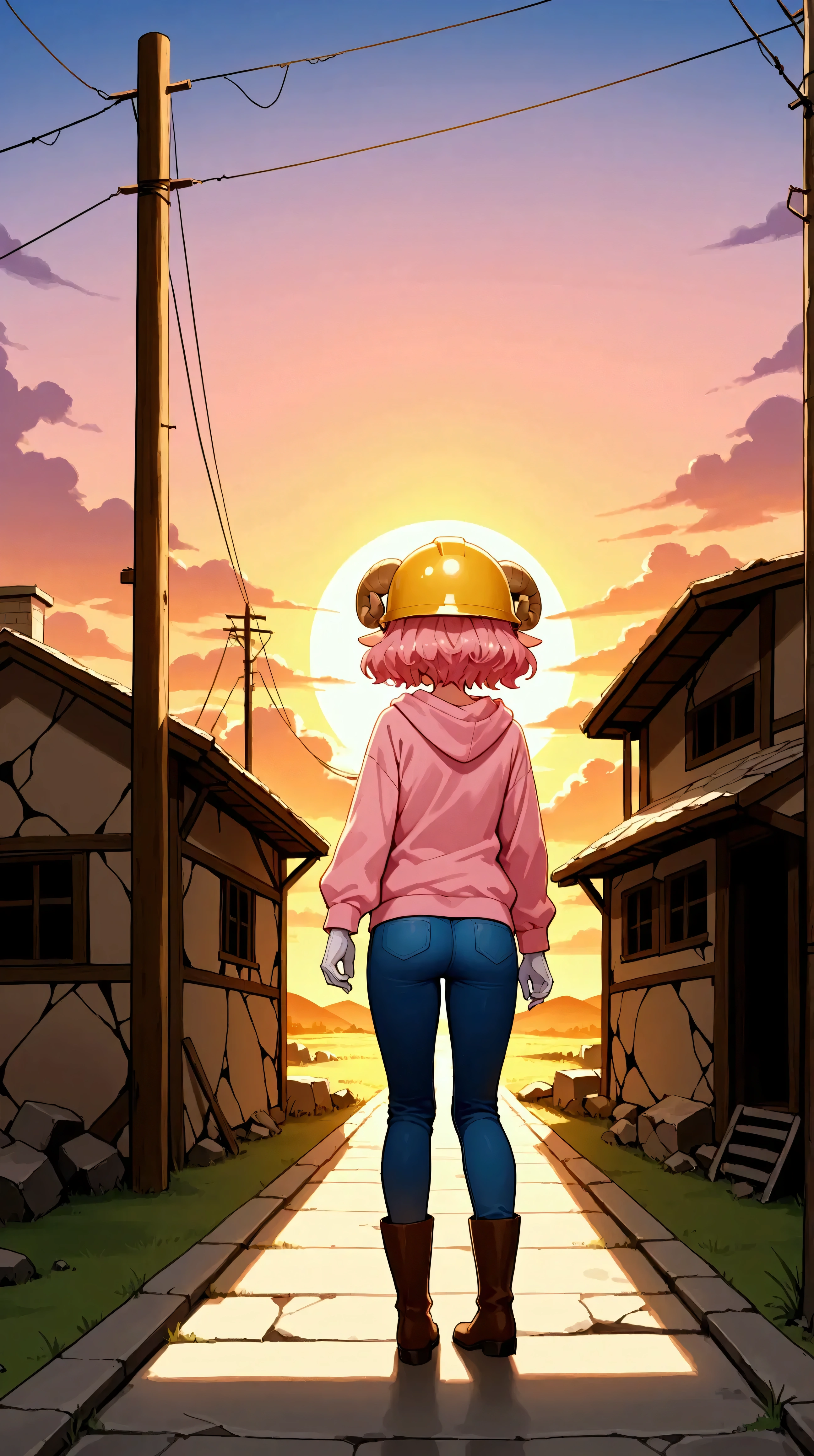 (masterpiece:1.3, top quality :1.3, detailed depiction :1.3, Amazing high definition :1.3, High Quality Anime Paintings ), 1girl, Pink gloss:1.2,  pink fluffy hair, round sheep horn :1.2,  Looking Up at the Sunset ,  back:2.0,  yellow construction safety helmet, White gloves,  pink hoodie,  blue jeans ,  brown boots ,  back:2.0, Broken House:1.5, ruins:2.0, Broken House:1.5,  Desolate houses left and right ,  the roof of the house has disappeared in half ,  the whole region is in disrepair , The utility poles are broken :1.5, Fallen electric pole:1.5, Beautiful sunset:2.0, Expression of a beautiful sunset:1.5, The sun sets, ((Detailed House Representation ,  Representation of a Realistic House,  Detailed Shading Expression ))