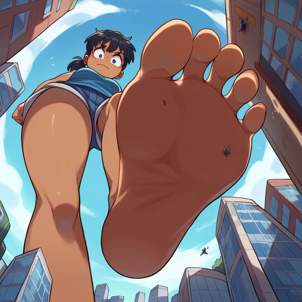 score_9, score_8_above, score_7_above, source_anime, BREAK POV  :   under Giantess  ,  dark skin tone  ,   black hair, blue shorts,Blue shirt,ponytail ,from below,gordo,barefoot,light,  city,fatty,
