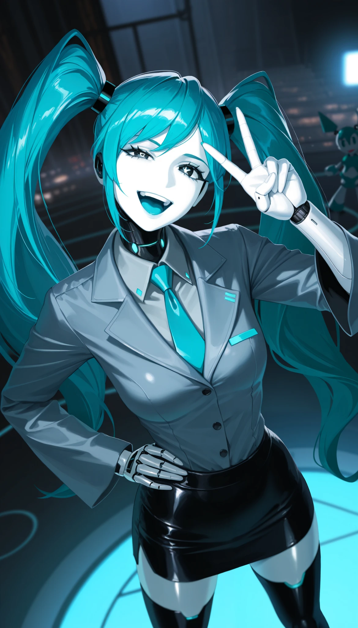 masterpiece, best quality, amazing quality, very aesthetic, absurdres, newest, cartoon, dramatic light, 1girl, solo, (jenny wakeman:1.3) AND hatsune miku, (robot, android, part lines:1.2), (white skin, metalic skin, ceramic skin:1.2), collared wide detached sleeve grey shirt, necktie, skirt, thighhighs, (no nose:1.2), [shiny black eyes:symbol-shaped pupils:13], bright pupils, big eyes, uneven eyes, one eye half-closed, open mouth, smile, blue tongue, standing, posing, twisty pose, head tilt, legs apart, long hair, small breasts, wide hips, narrow waist, from above, face focus, dutch angle, v, one hand on hip, cyberpunk, stage, blue neon, spot light, fine shiny fablic emphasis, BREAK, robot white hands, fingers, eyes, extremely detailed eyes, photorealistic detail, detailed background, masterpiece, best quality, amazing quality, very aesthetic, absurdres, newest, volumetric lighting, depth of field