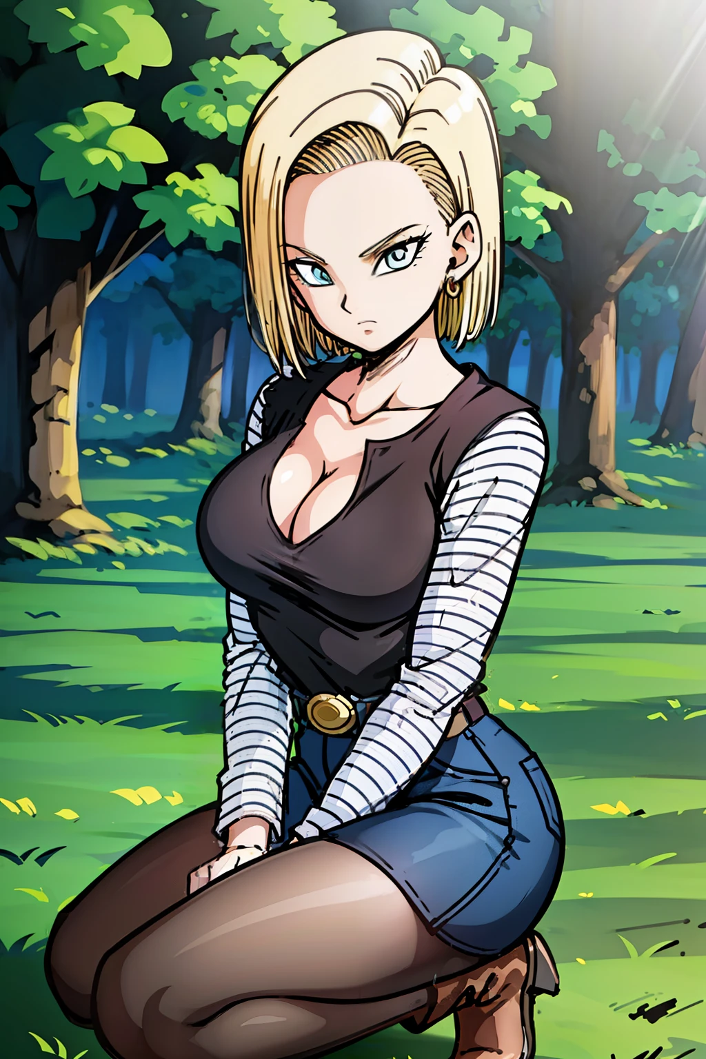 Masterpiece, detailed face,
Android 18, Buu Saga, 1 girl, alone, looking at the observer, short hair, blue eyes, blonde hair, collarbone, touching breast,
field, trees,((groß :1.2)),cleavage, forest, field, upper body, sitting on heels, black shirt, sleeves striped, belt, denim skirt, black tights, brown boots,