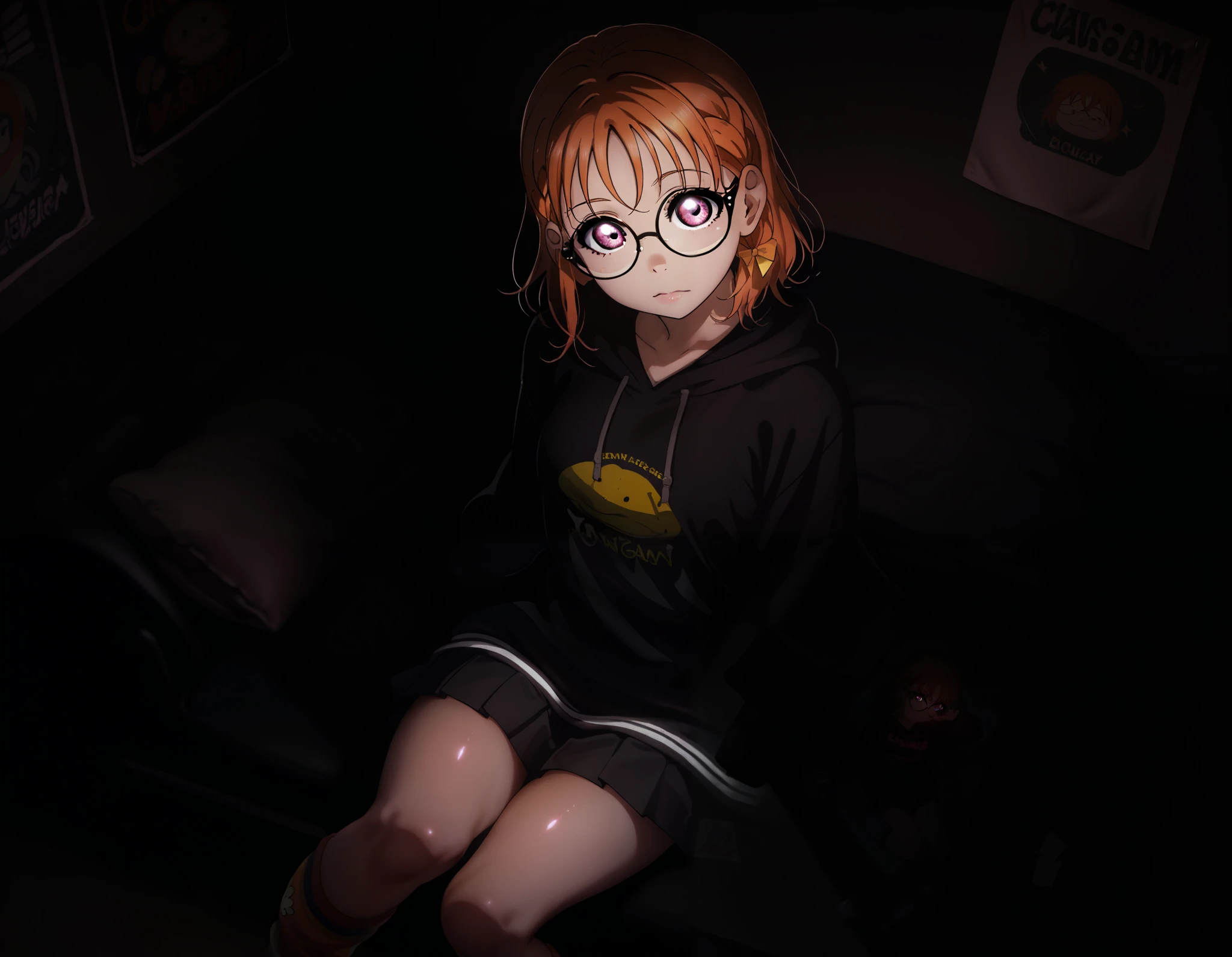 love live art style, takami chika, orange hair, medium hair, pink eyes, side braid, circle glasses, oversized hoodie with anime print, short pleated skirt, thighhigh socks, sitting on a beanbag, surrounded by anime posters and manga books, night, looking at viewer, shiny skin, thin waist, cozy room lighting, dark, warm and cluttered environment, solo, from above, dramatic chiaroscuro lighting