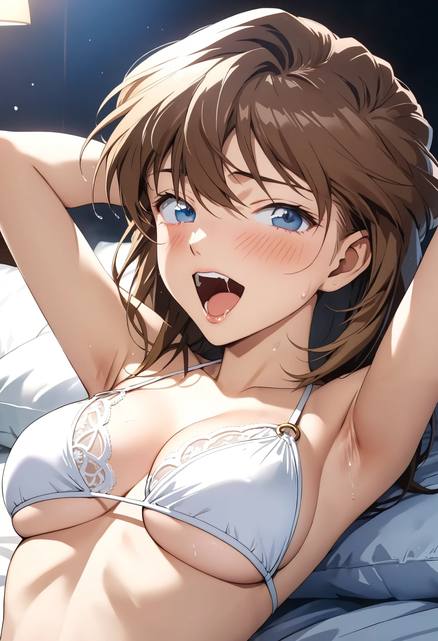masterpiece, Best Quality, High resolution,16k,official art,super detailed skin,detailed,animated painting,Anime-style painting style, 1990s \(style\),(F cup beautiful breasts)、clevage,underboob,25years old, (tall:1.2),height: 175cm,Fashion model body type, Miyano Shiho, 1girl, solo,light smile, brown hair, blue eyes, semi-long cut hair,breasts,medium breasts, (white bikini lace underware:1.3) , (Miyano Shiho),sexy,blush,shy, Anime-style painting style,Close-up of the upper body,Cinematic lighting,superfine,magnificent view ,looking at viewer,(in the hotel room),night,winter,(sexy),extreme closeup,ahegao,(hands up high:1.3), ,(Ahegao,ohogao,extasy,orgasm:1.4)