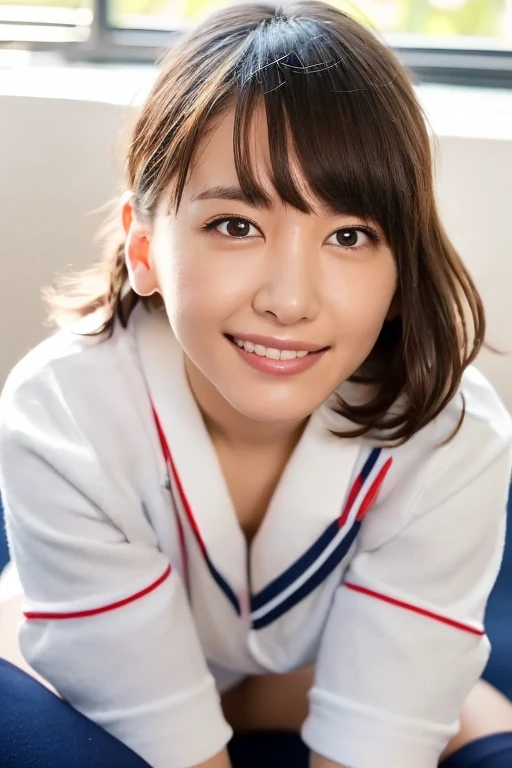 A cute, beautiful, voluptuous Japanese woman in her late 20s with a boyish hairstyle, skydiving at 4000 meters above the ground.、They are having so much fun that they are spreading their arms and legs out in excitement.、She looks great in a micro bikini