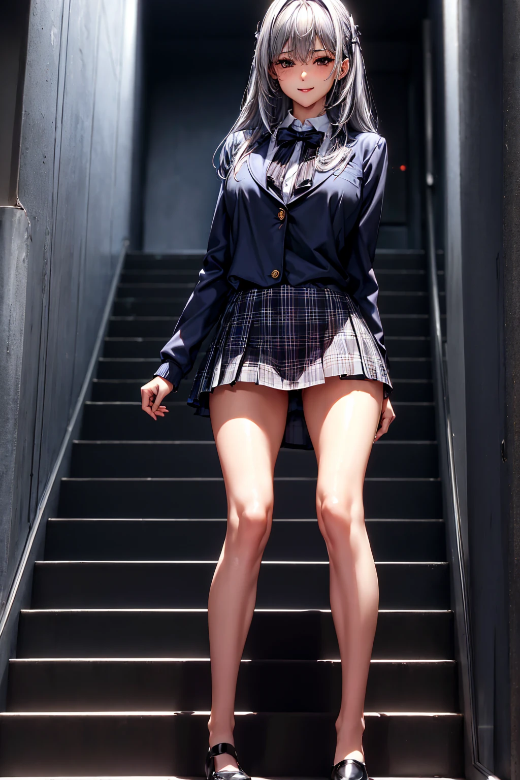 ((( top quality)))、((('s greatest masterpiece)))、Beauty Painting、 8k 、 Ultra High Quality、 perfect anatomy, 1 Female:Age 18、  BEAUTIFUL SLANDER BODY、 beautiful medium breasts、  beautiful faces:smile、 Silver Hair、 best skin and hair texture  、blouse、ribbon、 blazer、 plaid pleated skirt 、tights、(City stairs、Climbing the stairs)、Backwards、Panties exposed from skirt、Panty shot、  natural light,  High Res Images、 Overall view of the body 、