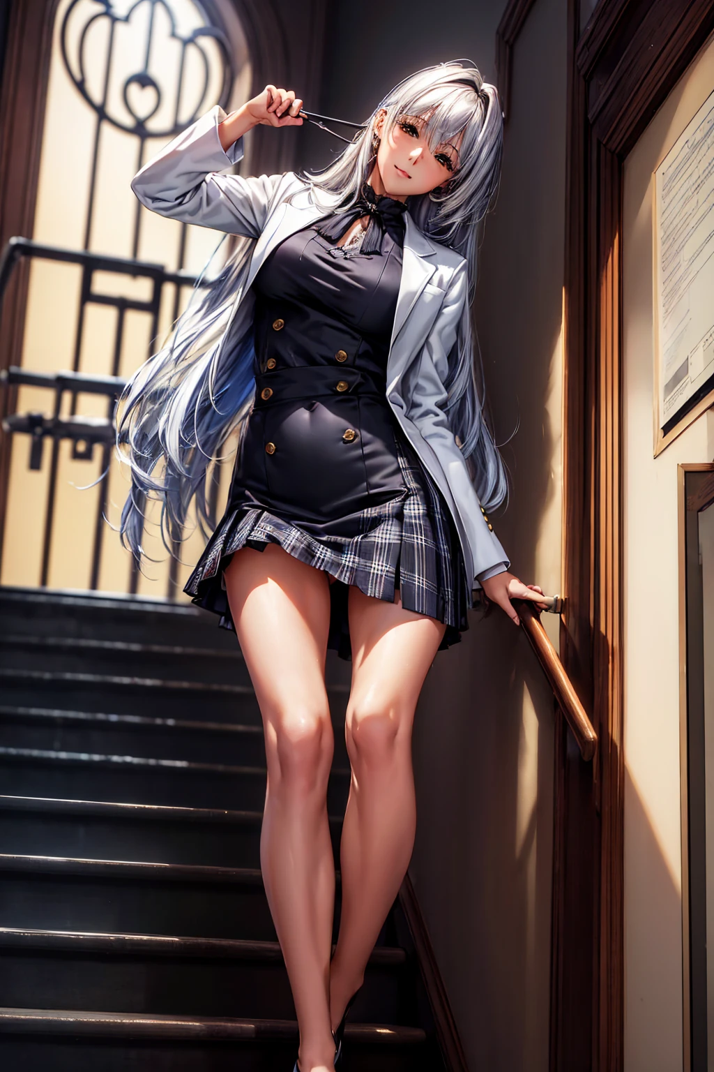 ((( top quality)))、((('s greatest masterpiece)))、Beauty Painting、 8k 、 Ultra High Quality、 perfect anatomy, 1 Female:Age 18、  BEAUTIFUL SLANDER BODY、 beautiful medium breasts、  beautiful faces:smile、 Silver Hair、 best skin and hair texture  、blouse、ribbon、 blazer、 plaid pleated skirt 、tights、(City stairs、Climbing the stairs)、Backwards、Panties exposed from skirt、Panty shot、  natural light,  High Res Images、 Overall view of the body 、