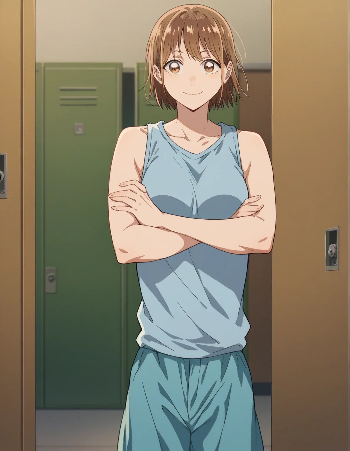 score_9, score_8_up, score_7_up, source_anime, chinatsu kano, short hair, brown hair, brown eyes, medium breasts, school hallway, lockers, between classes, everyday life, crossed arms, solo,, cowboy shot, blue tanktop, blue shorts, smile