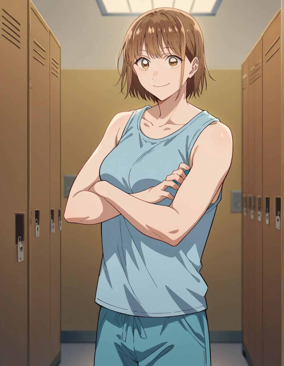 score_9, score_8_up, score_7_up, source_anime, chinatsu kano, short hair, brown hair, brown eyes, medium breasts, school hallway, lockers, between classes, everyday life, crossed arms, solo,, cowboy shot, blue tanktop, blue shorts, smile