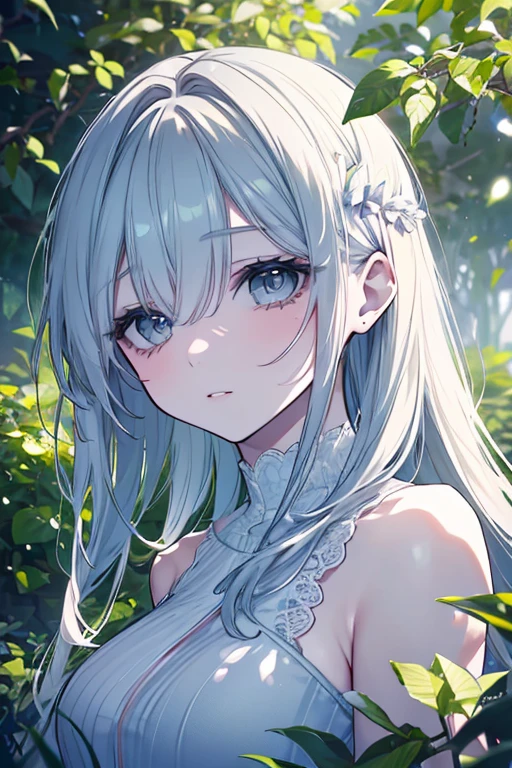 ((Highest quality)), ((masterpiece)), (detailed), (Perfect Face)、Naked Women、She has blue eyes and medium-length silver hair...。.