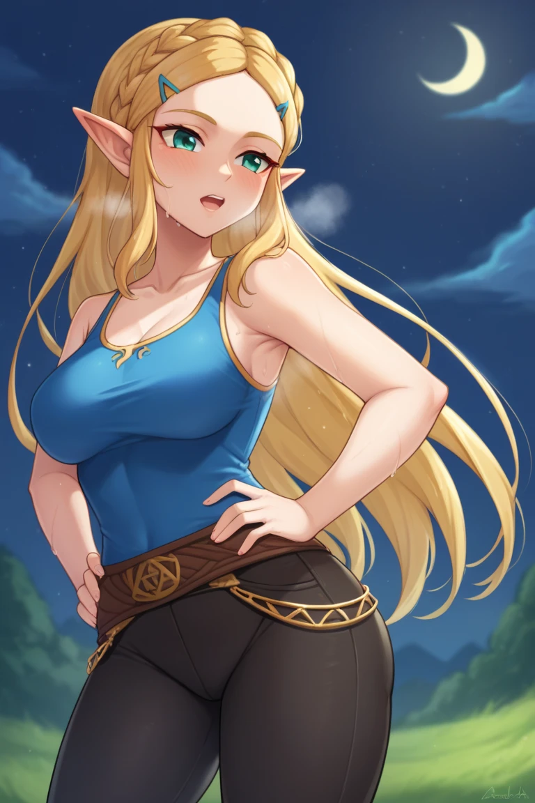 masterpiece, best quality, highres, aazelda, Princess_Zelda, long hair, crown braid, hairclip, pointy ears, blue tanktop,, black pants with yellow stripes, tight pants, night, standing, cowboy shot, outdoors, out of breath, sweaty, sweating, hands on hips, open mouth, sleeveless 