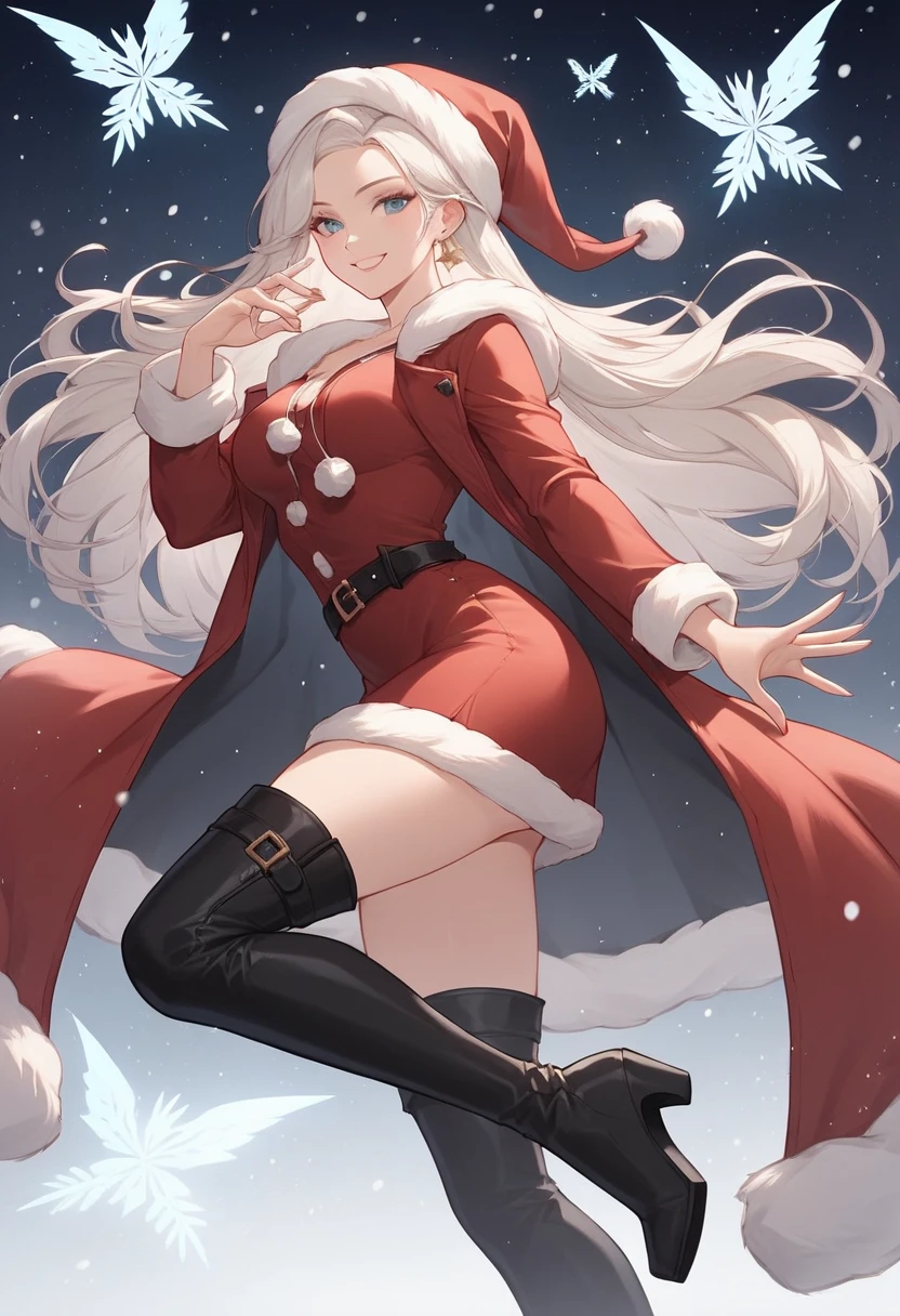 highest quality、All limbs、full finger、Slender beauty、smile、knee high、Wear long boots、Christmas 、Sexy Santa、Exposing too much skin、party venue