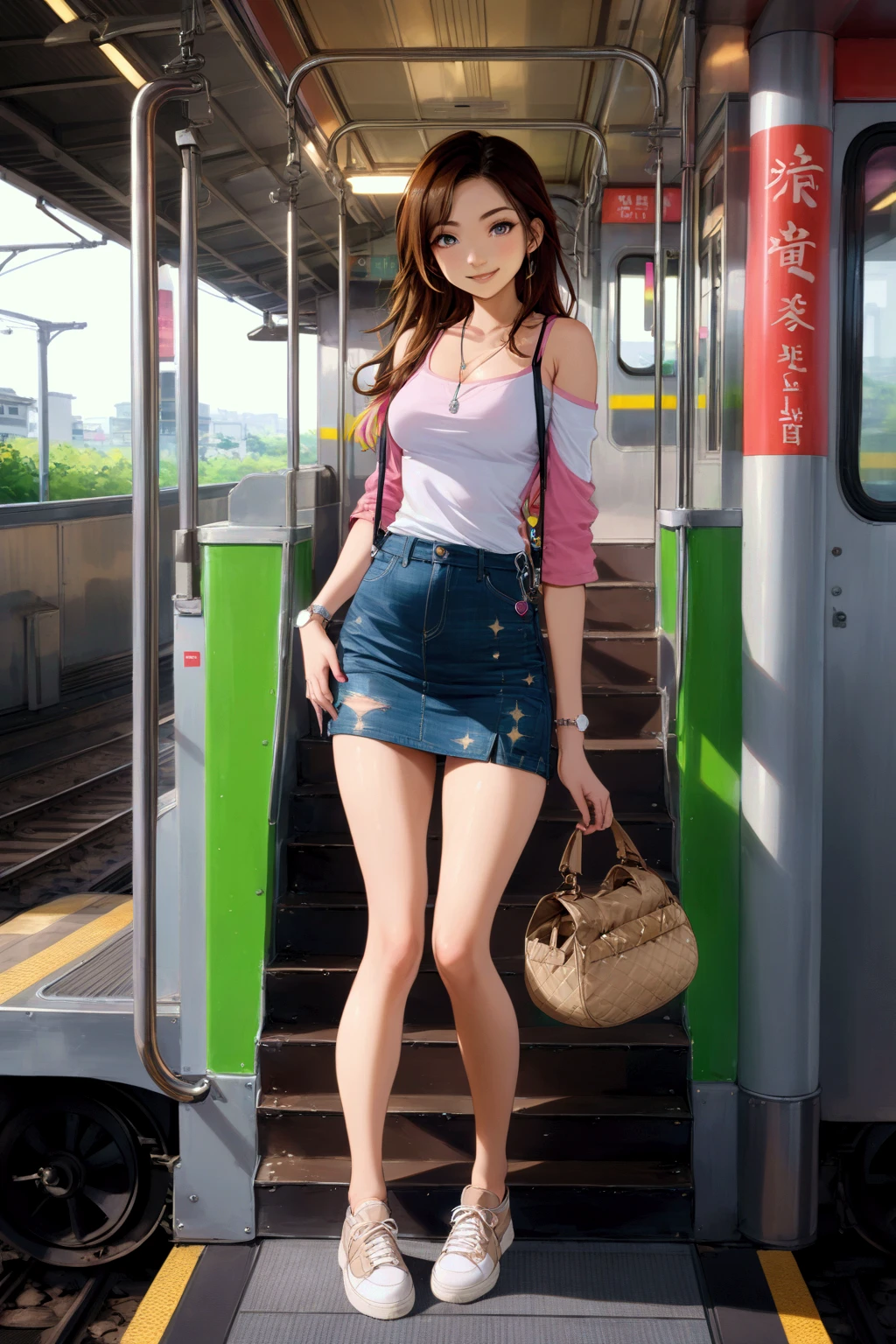((Extreme exposure))(High-definition image quality)極Realistic skin texture、High definition face(brown、Very long straight hair、Hair behind the ear、Beautiful moist brown hair、Smooth Hair)((Bright smile、Embarrassed expression))、Gaze(sexy 25 year old girl、Idol Makeup、Eyeliner)(Fair skin)(Sparkling eyes)Smooth Skin、Realistic skin texture ((Oversized T-shirt、Short length、Cleavage、Big Breasts) ((Extremely short denim miniskirt、damage、Super tight、small、Ultra low rise、Panty lines))))A well-proportioned and perfect body、Beautiful armpits、On the position of the chest、Round big breasts、Beautiful valley、Ultra-thin waist、Waistline、Long legs、Glitter High Heels((((on the train、Holding a strap、stand))))(((((View angle from below))))))