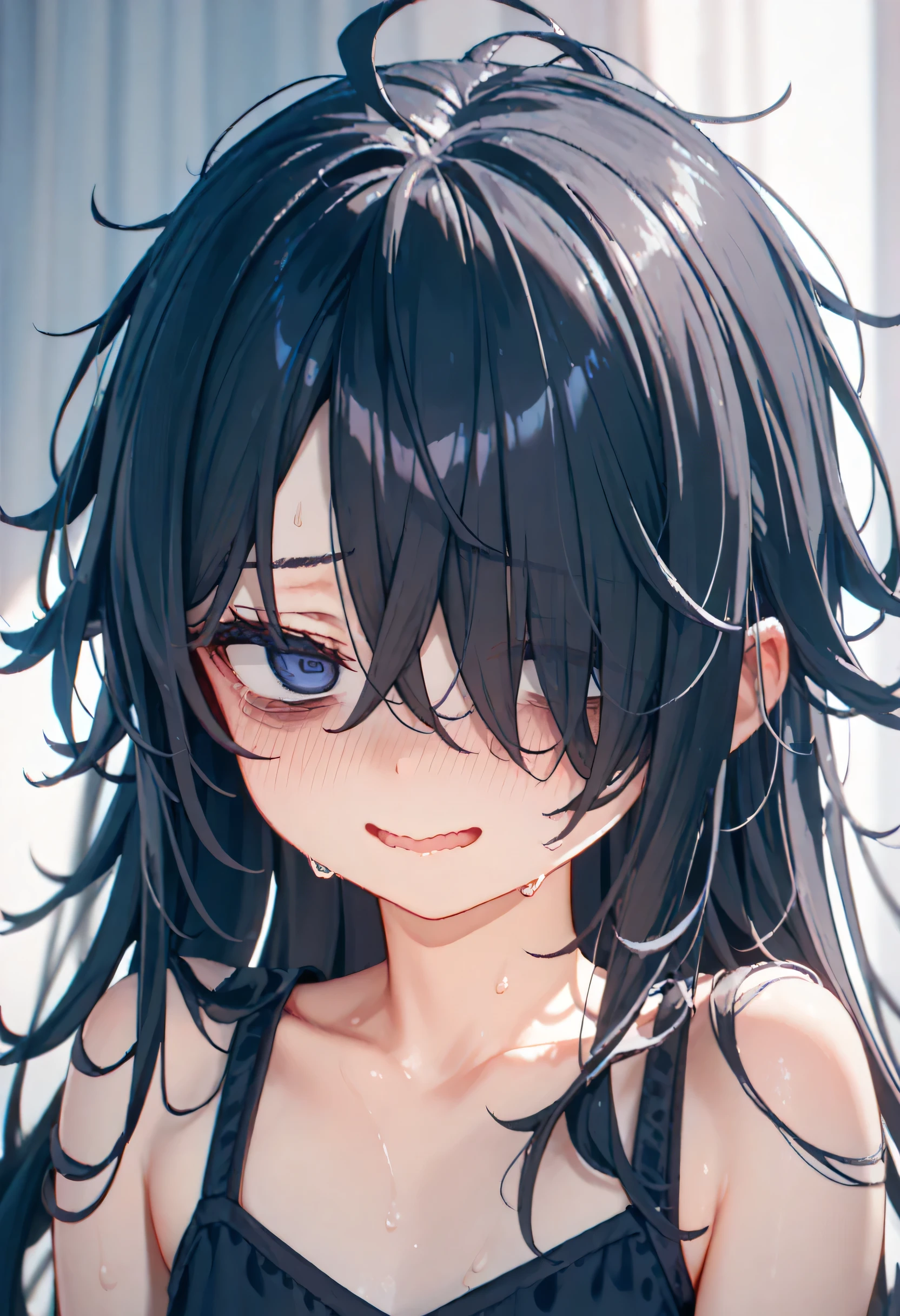 Anime girl with long black hair and blue eyes in a black dress - SeaArt AI