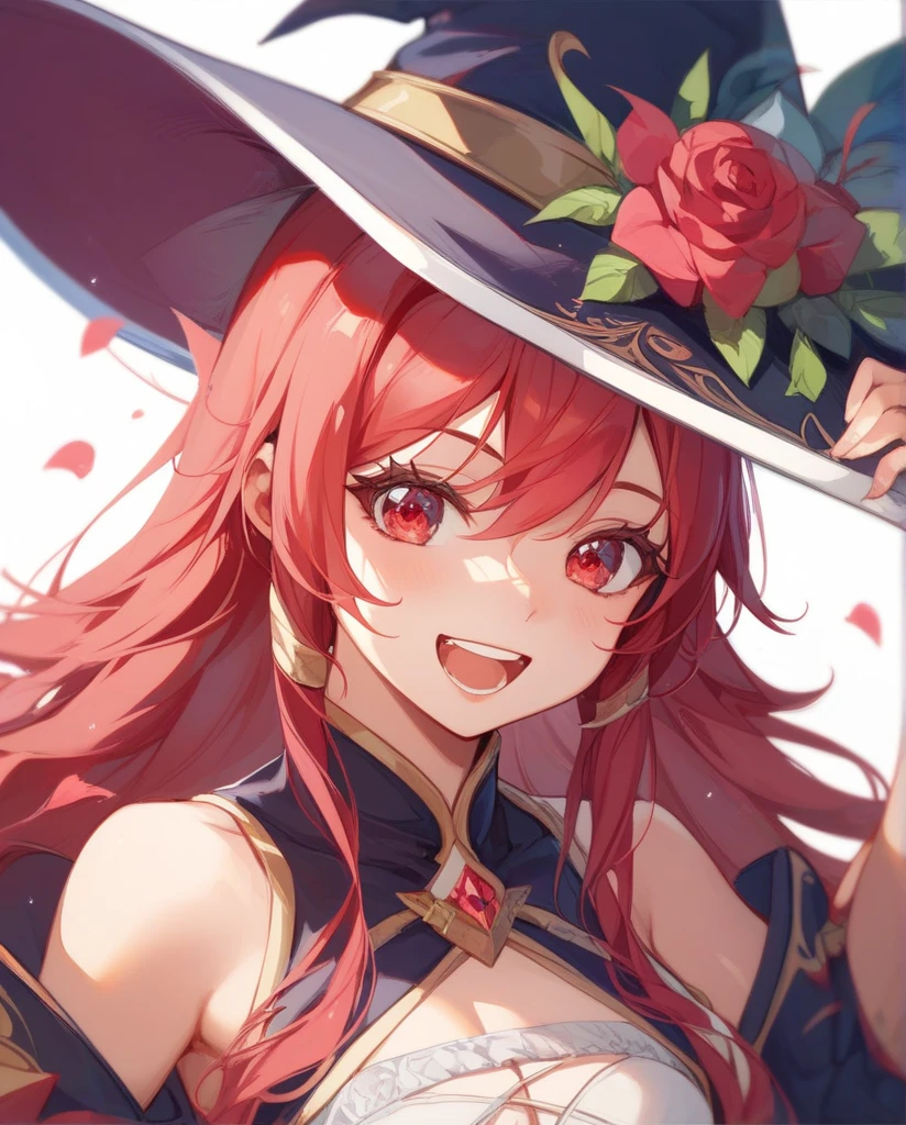 、Petite、 Sword of Fire、witch帽子、Three-cornered hat、The Wizard of the Journey 、witch、 Fire Magic、 mysterious in another dimension、 1 girl、 cute、 fantasy background、Overall bright、Double teeth、 top quality、 red eyes、Red Hair、 long haired girl seems happy 、 has long eyelashes、 top quality、 character design