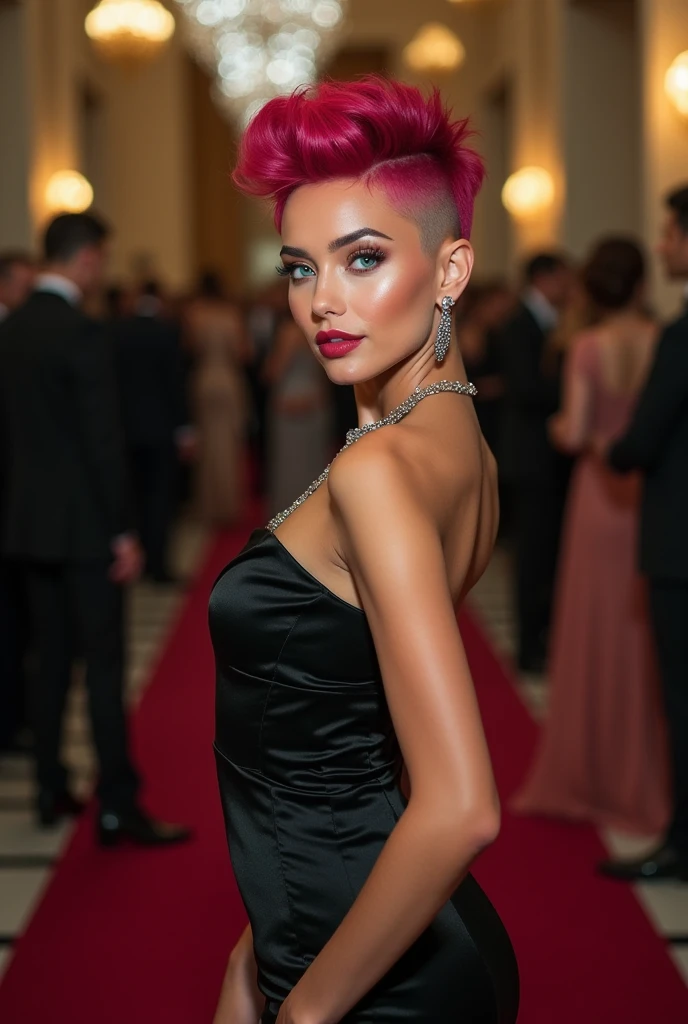 Picture a glamorous evening event where a woman with (short pink hair) stands out in the crowd. She's photographed at a gala, her (midnight low cut blue velvet gown) sparkling under the ballroom's chandeliers. Her pose is elegant, with a slight turn towards the camera, exuding grace and sophistication. The camera angle is a three-quarter shot, providing a view of the opulent surroundings. The lighting is a combination of the room's ambient luxury and strategic spotlights, giving the scene a feeling of grandeur. The image is designed to capture the splendor of the evening, with a sharp focus on her exquisite attire and a blurred background that conveys the exclusivity of the event