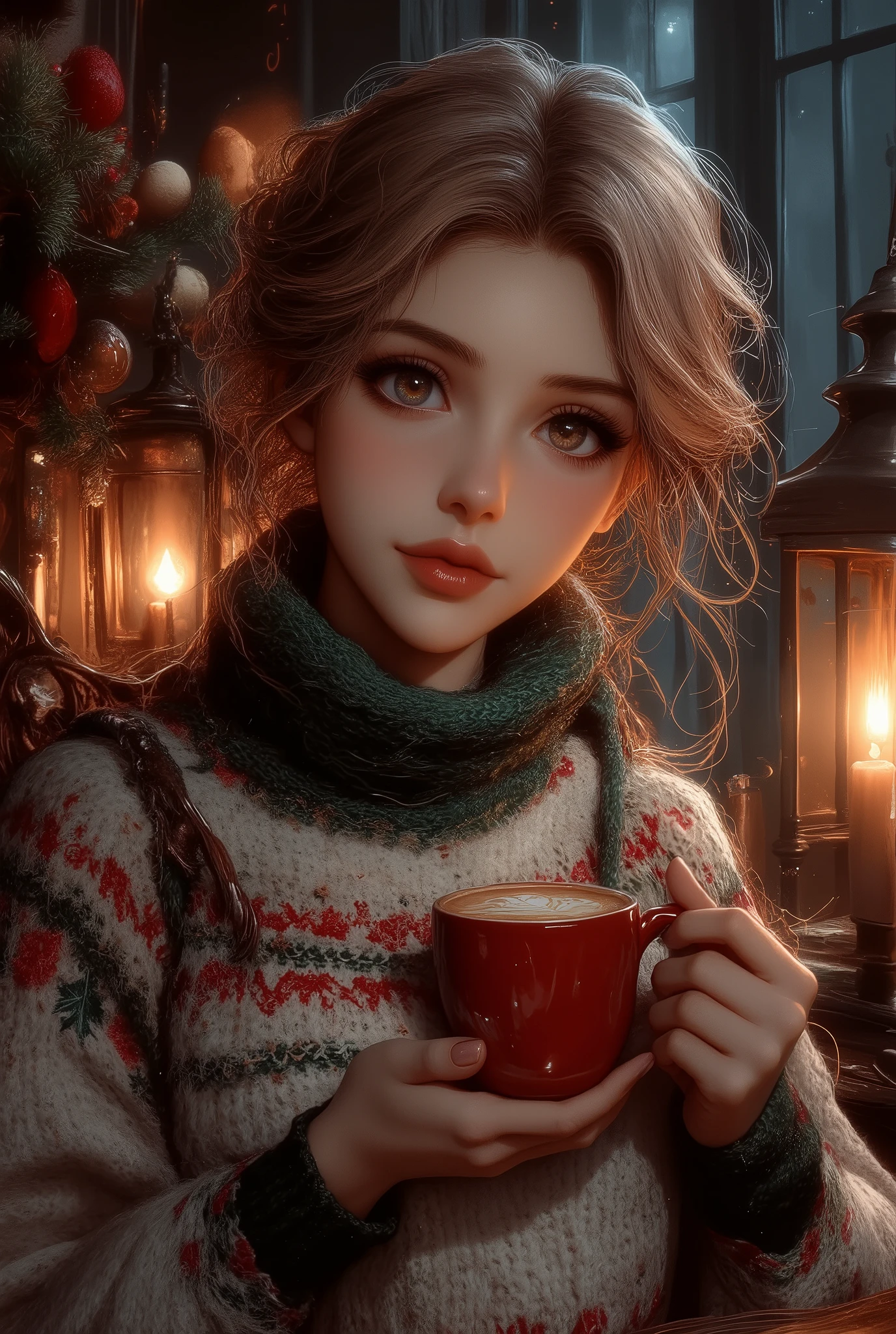 A beautiful woman with beautiful eyes:1.2, detailed eyes, beautiful full lips, highly detailed eyes and faces, long eyelashes, cute expression, smile, sitting:1.4, holding a cup of hot latte, homely background, Christmas sweater, fireplace, warm light, detailed lighting and shadows, anime style, 8k, Hi-Res, masterpiece:1.4, bright colors,